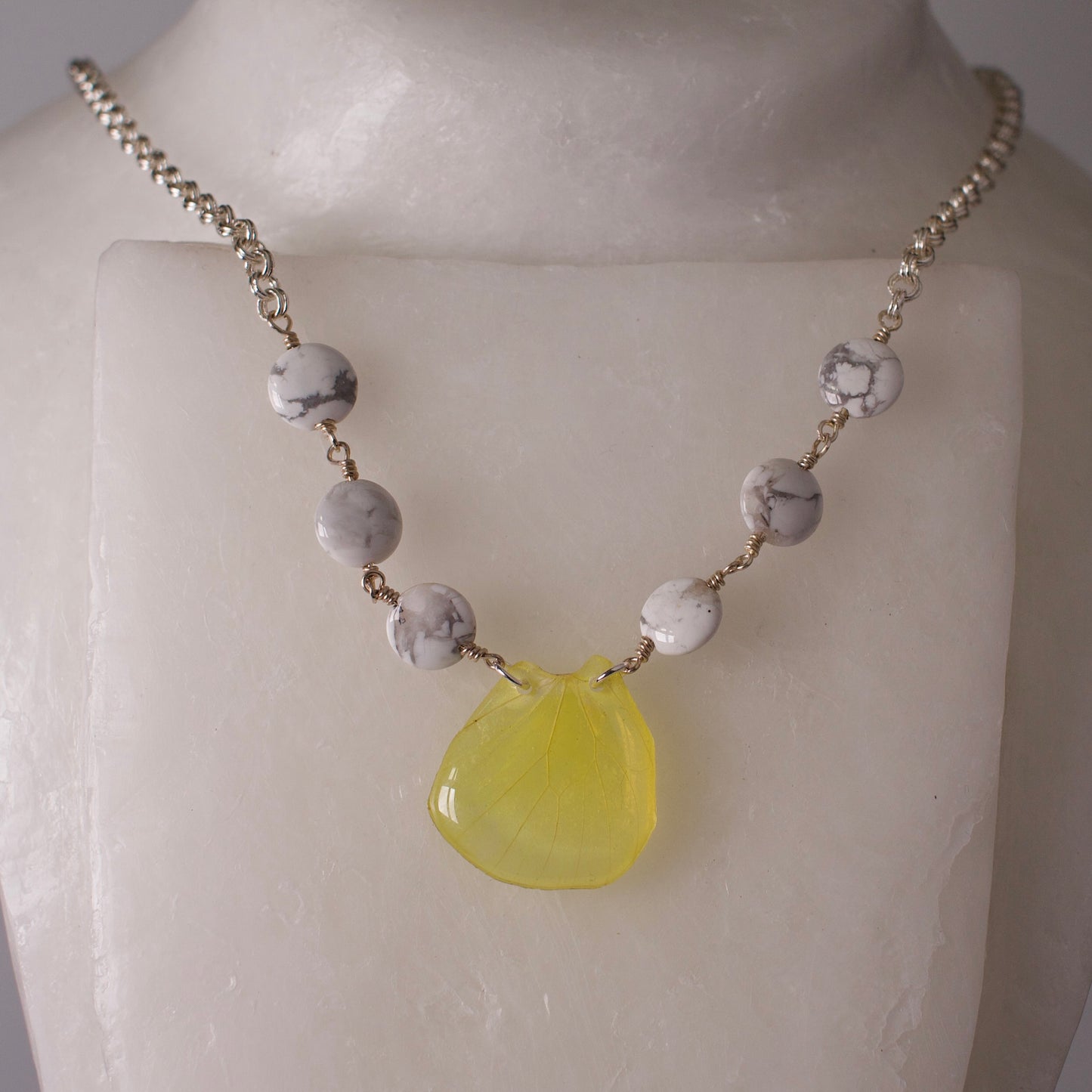 real butterfly wing pendant fluorescent yellow butterflies white howlite silver chain necklace on mannequin