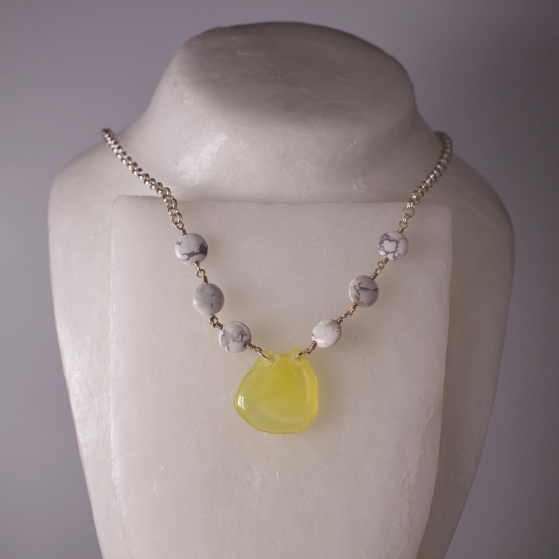 real butterfly wing pendant fluorescent yellow butterflies white howlite silver double link chain necklace on wax form