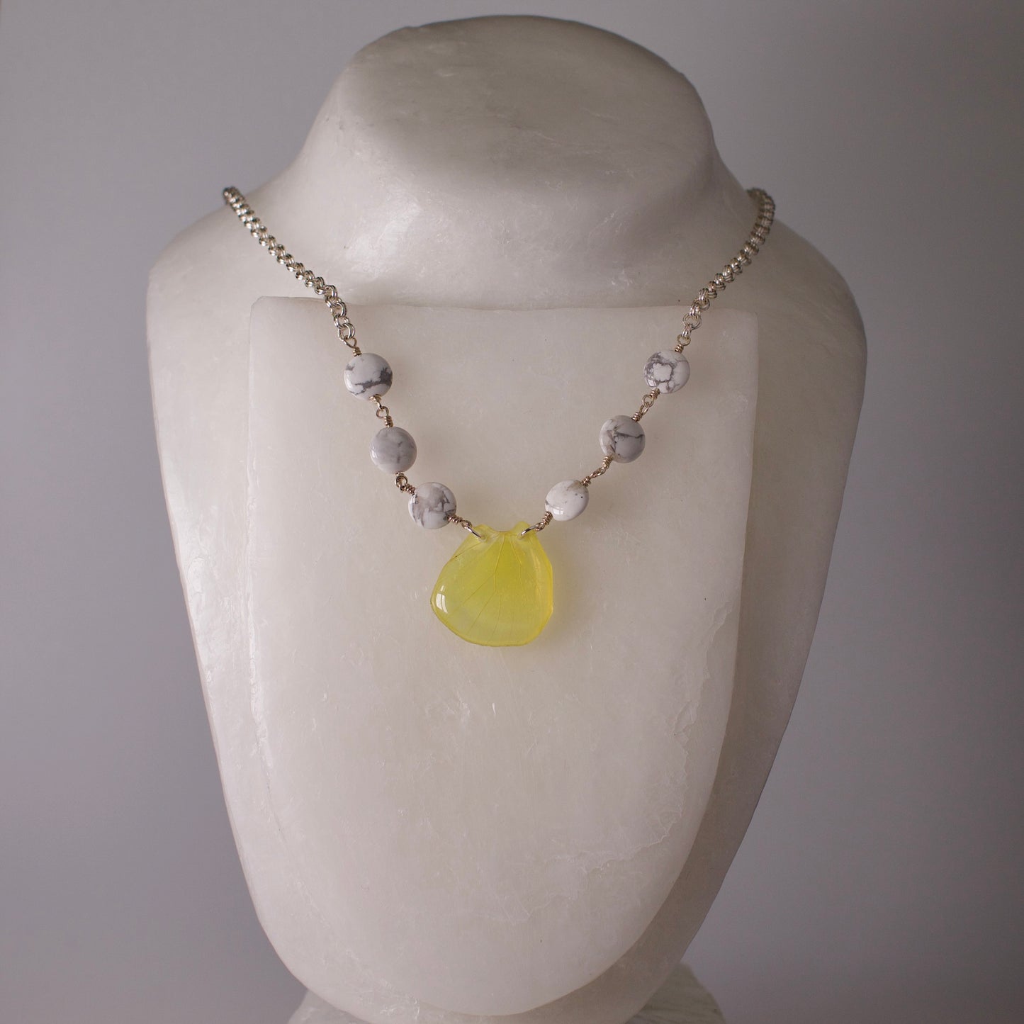 real butterfly wing pendant fluorescent yellow butterflies white howlite silver necklace on wax form