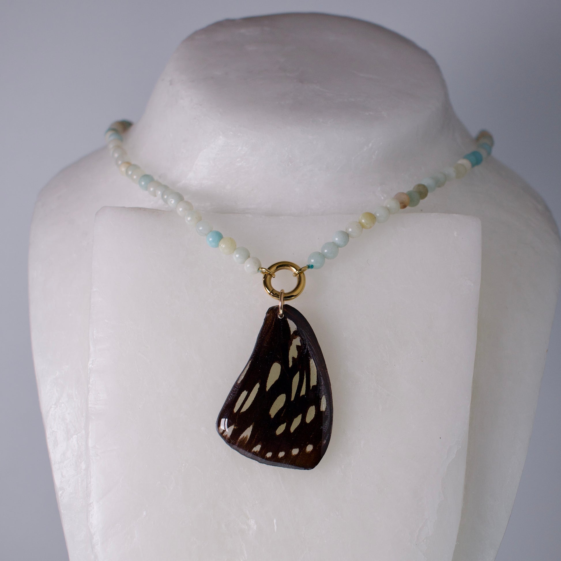 real butterfly wing pendant forest queen butterflies amazonite bead necklace gold on mannequin