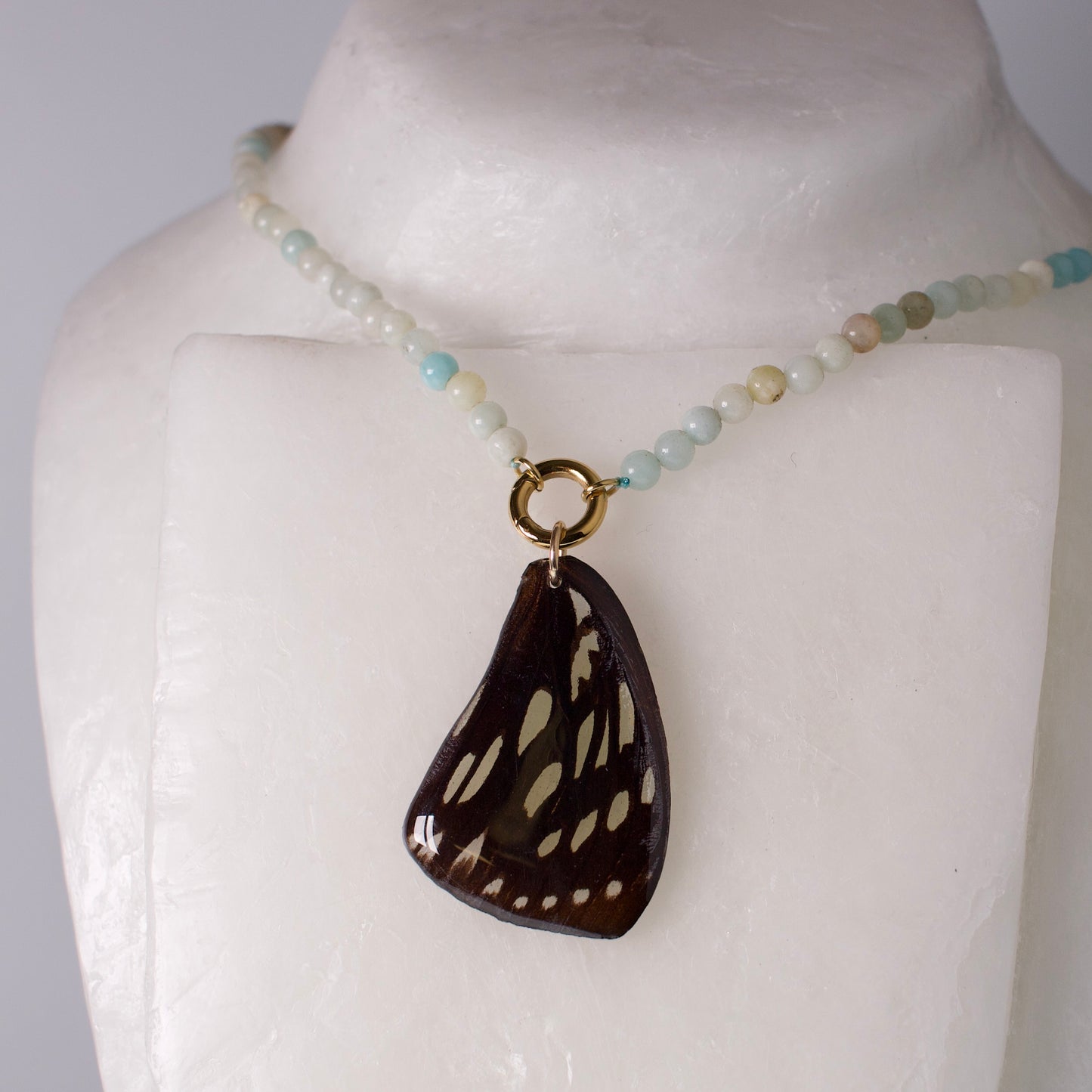 real butterfly wing pendant forest queen butterflies amazonite bead necklace gold front clasp on form 