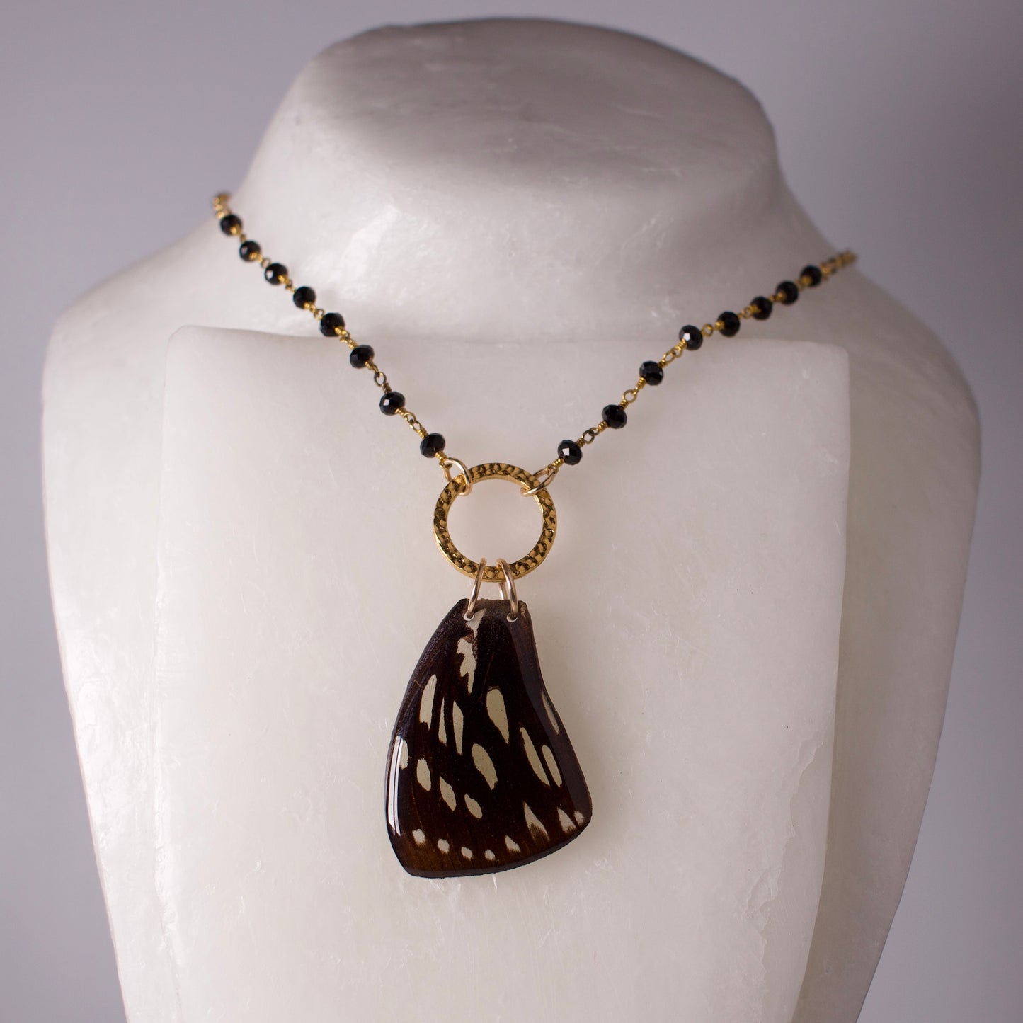 real butterfly wing pendant gold black onyx forest queen butterflies on mannequin