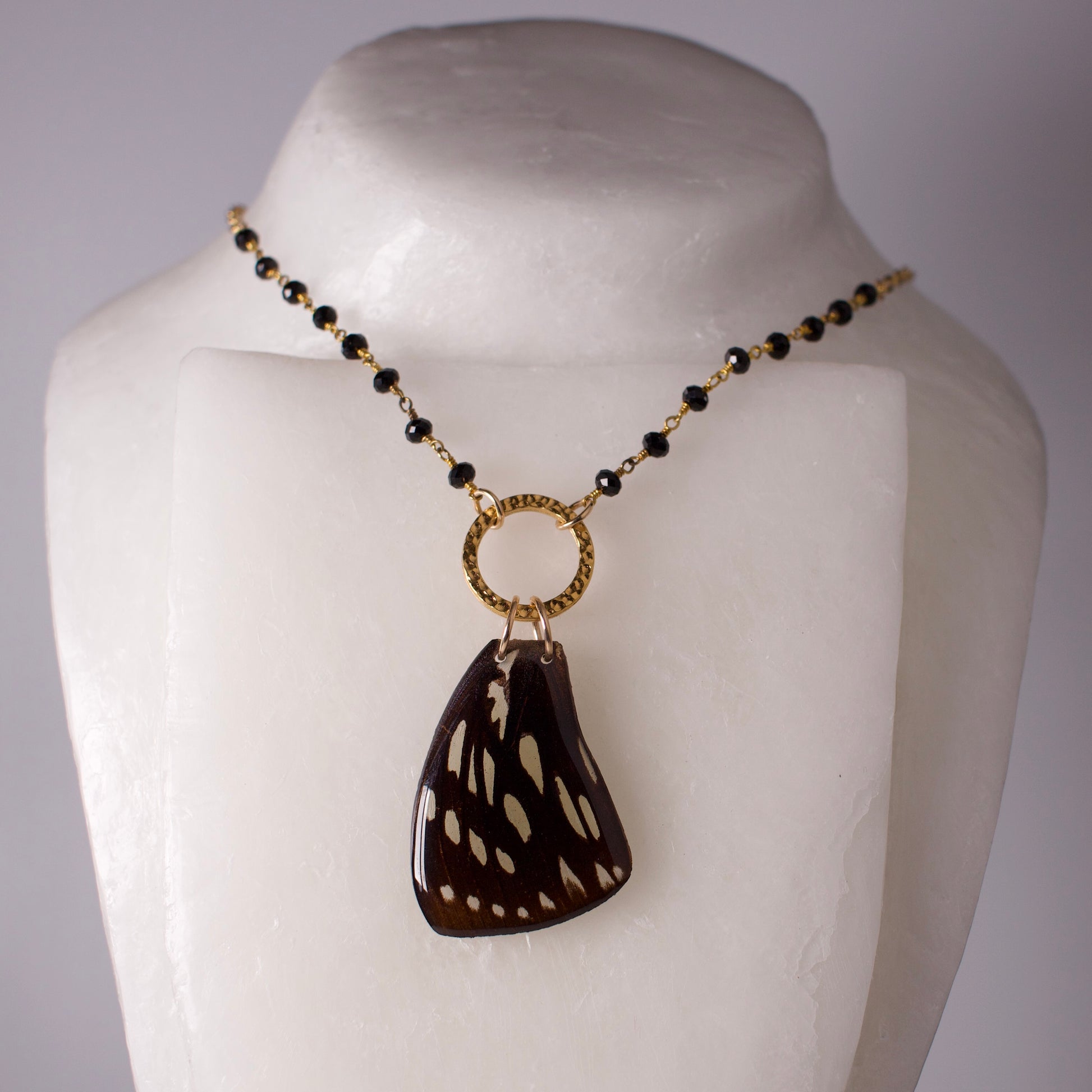 real butterfly wing pendant gold black onyx forest queen butterflies on mannequin