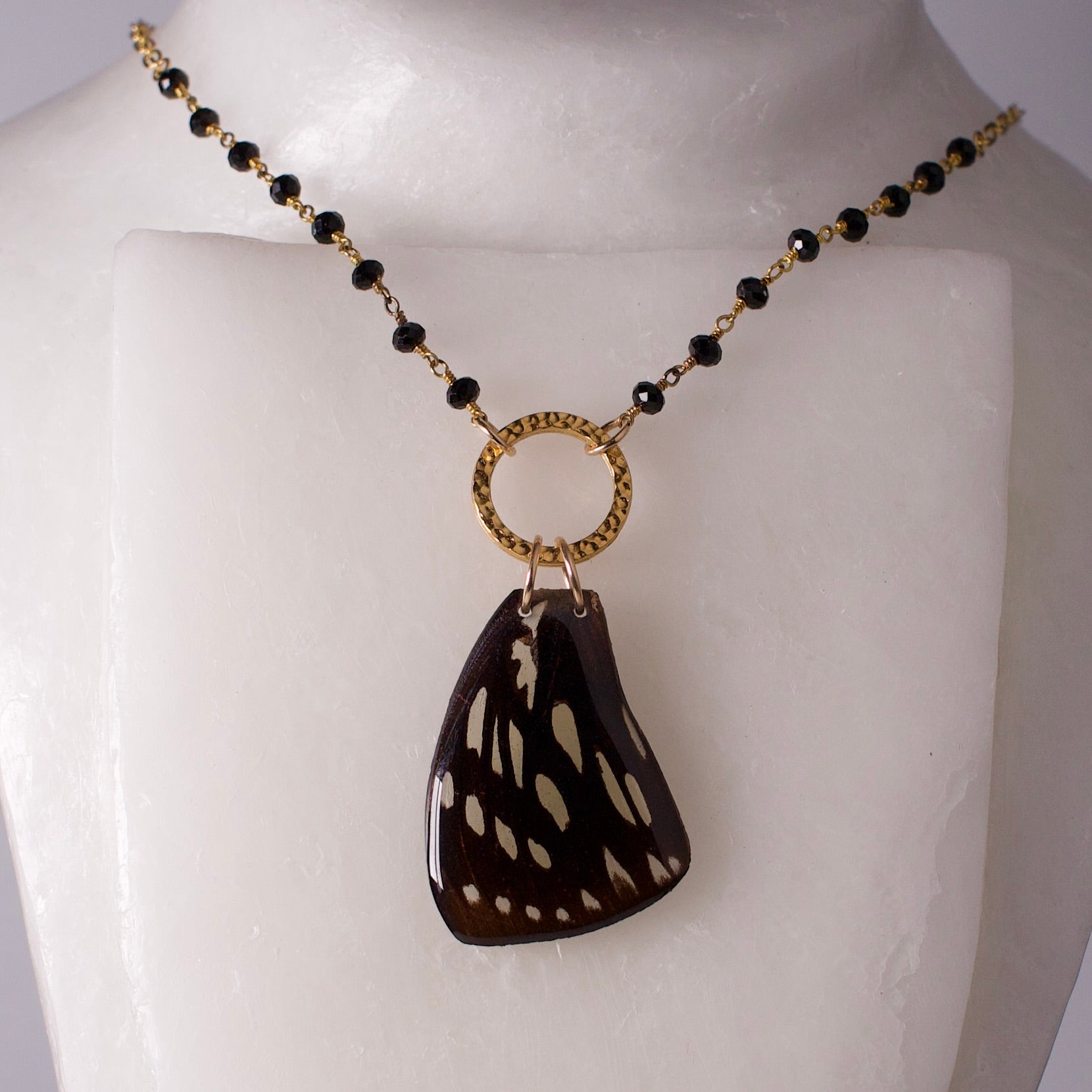 real butterfly wing pendant gold necklace black onyx beading forest queen butterflies