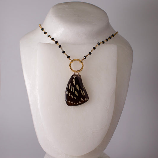 real butterfly wing pendant gold necklace black onyx forest queen butterflies on mannequin