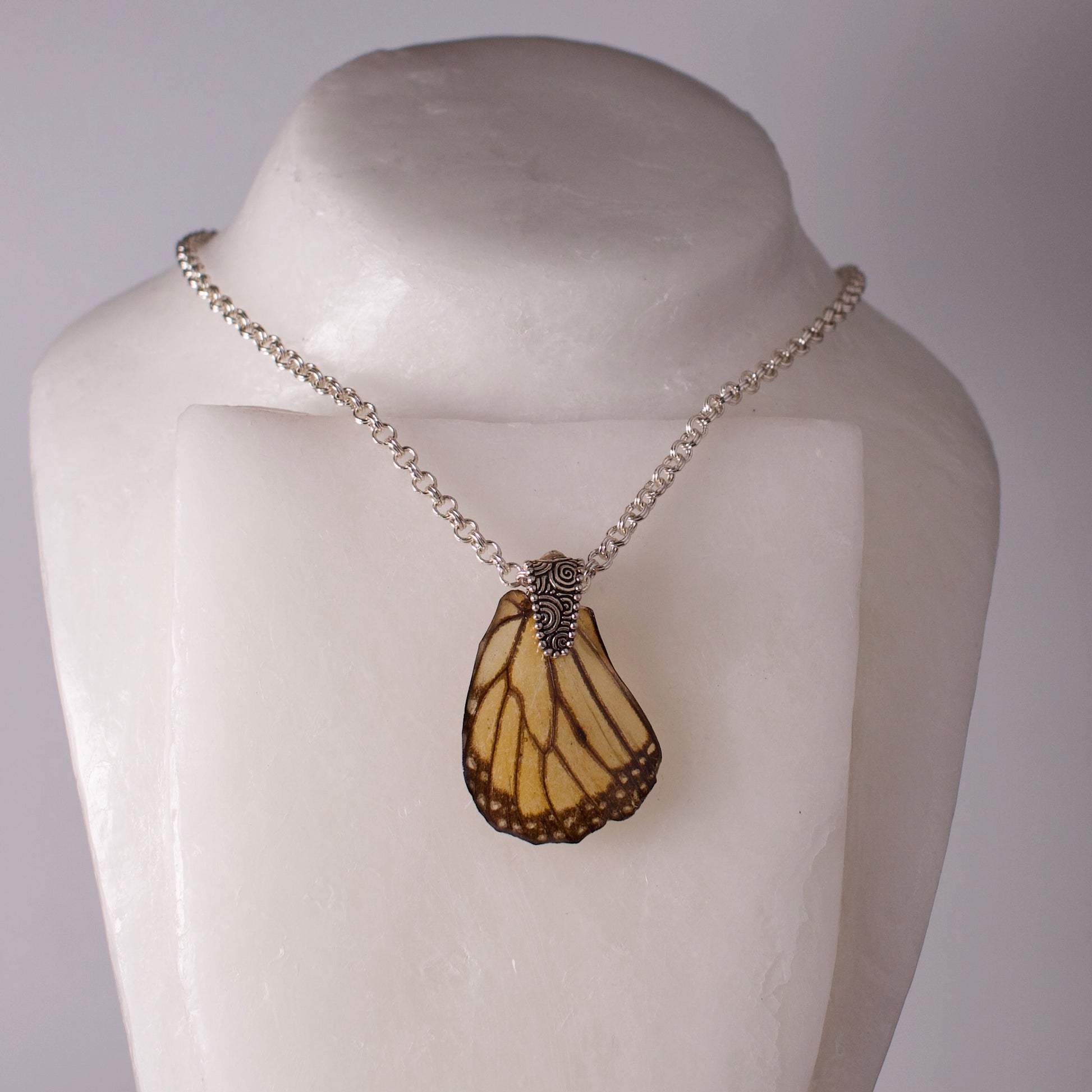 real butterfly wing pendant silver double link chain necklace swirl design Danaus plexippus on wax form