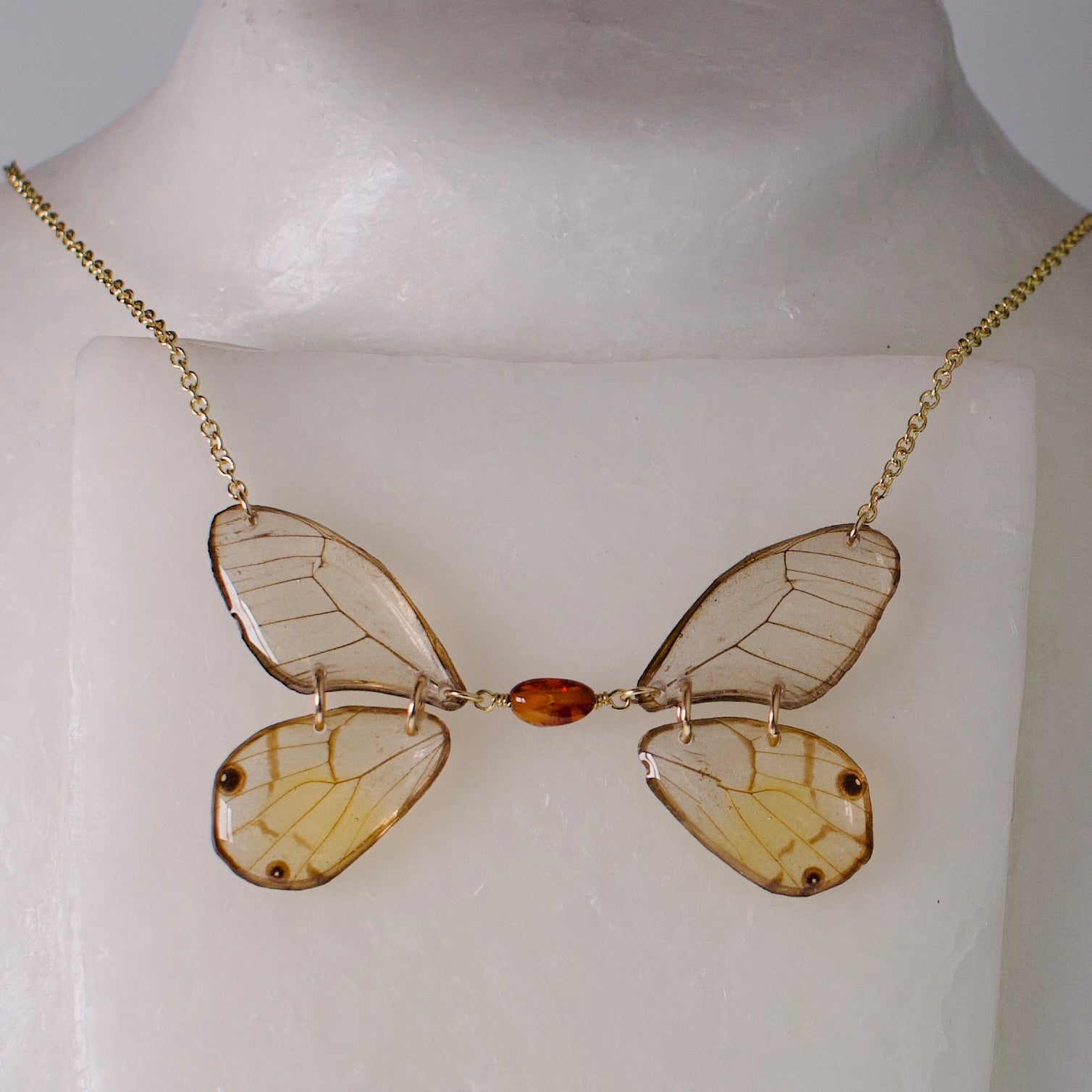 real butterfly wing statement necklace glasswing phantom butterflies baltic amber gold chain on form