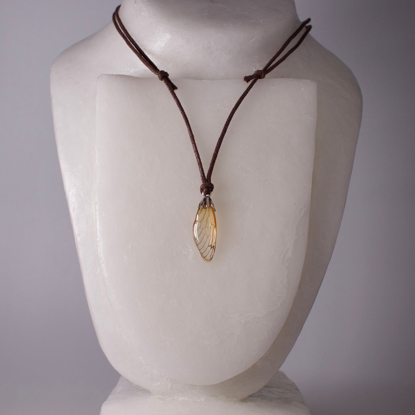 real cicada wing Linnaeus's 17 Year Cicadas pendant silver botanic bail fully adjustable waxed cord on wax form