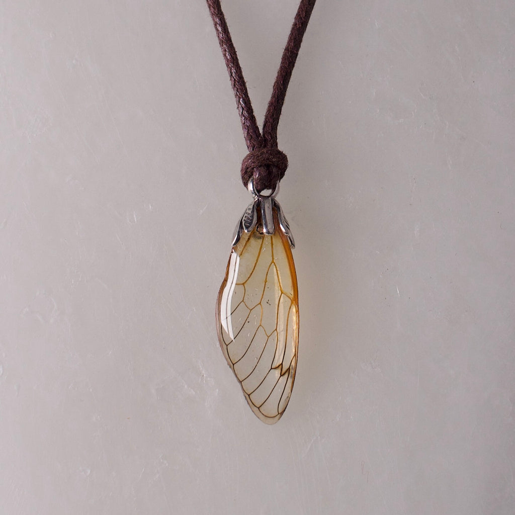 real cicada wing Linnaeus's 17 Year Cicadas pendant silver botanic bail fully adjustable waxed cord close up