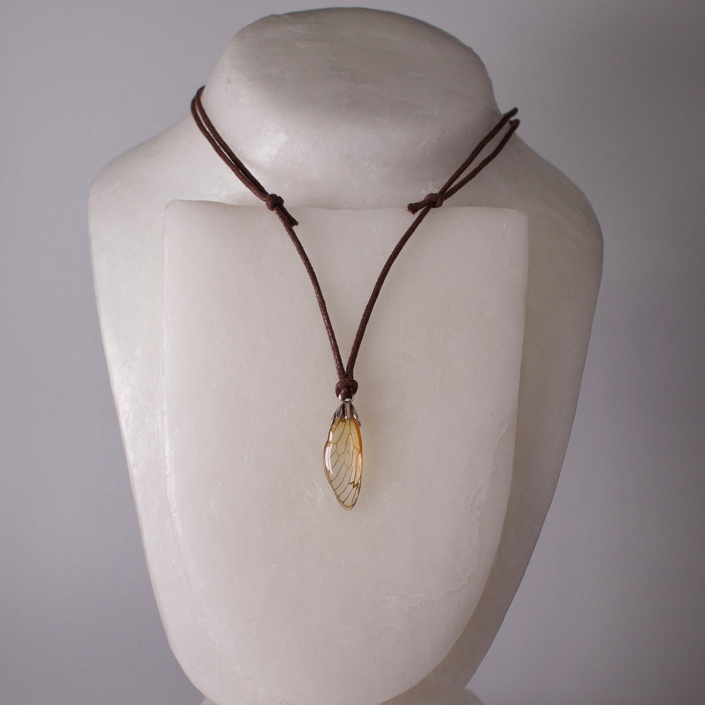 real cicada wing Magicicada septendecim Cicadas pendant silver botanic bail fully adjustable waxed cord on wax form