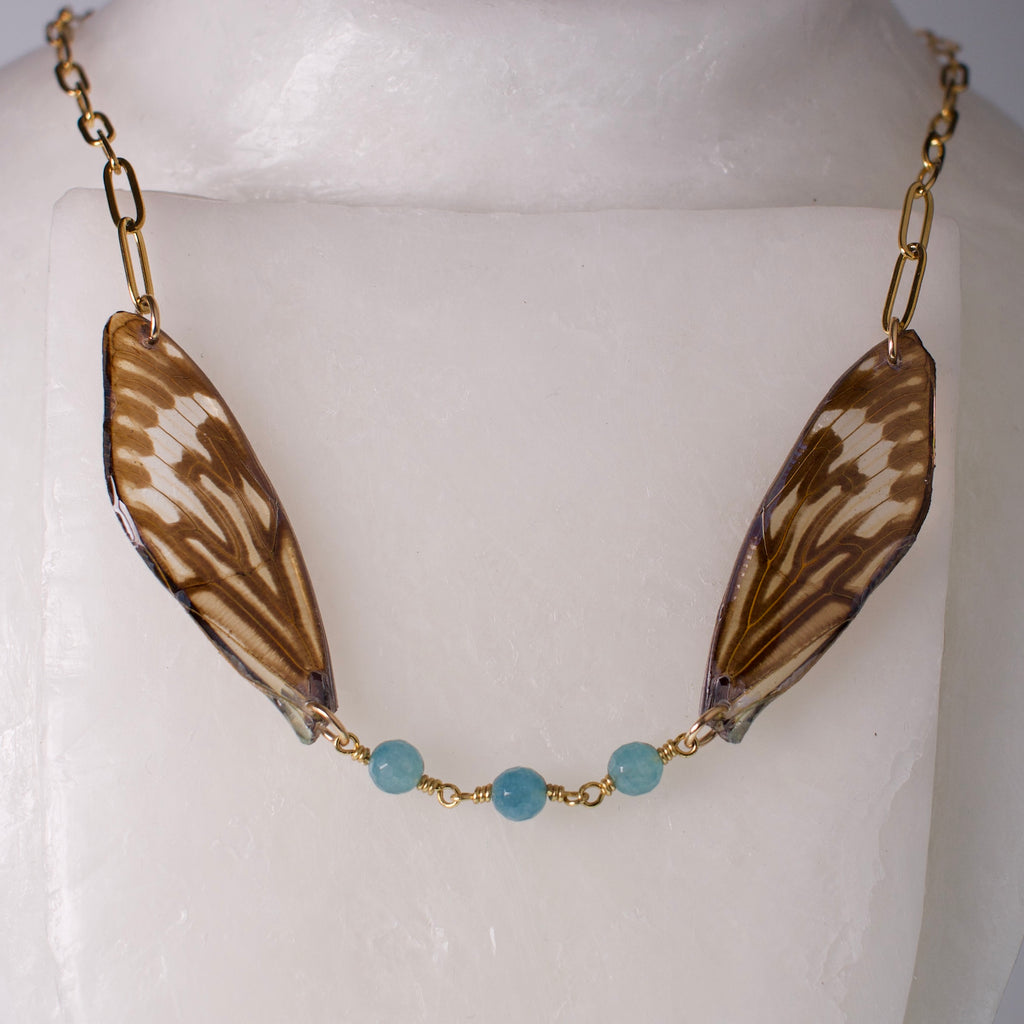 real cicada wing necklace giant cicadas blue gold paperclip chain on wax form