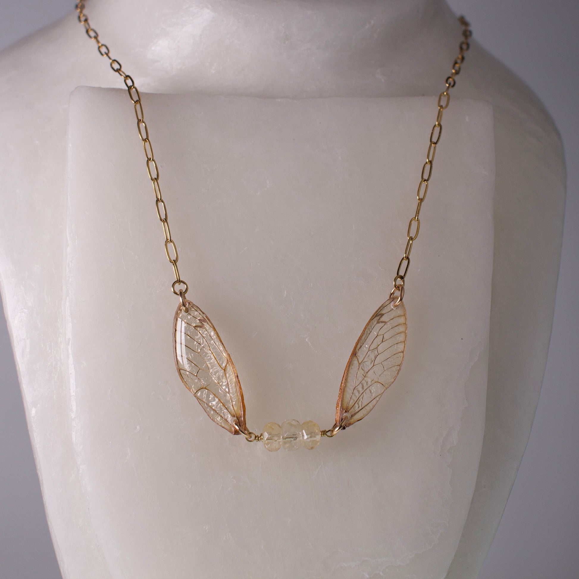 real cicada wing necklace gold 17 year cicadas citrine gold paperclip chain necklace on wax form