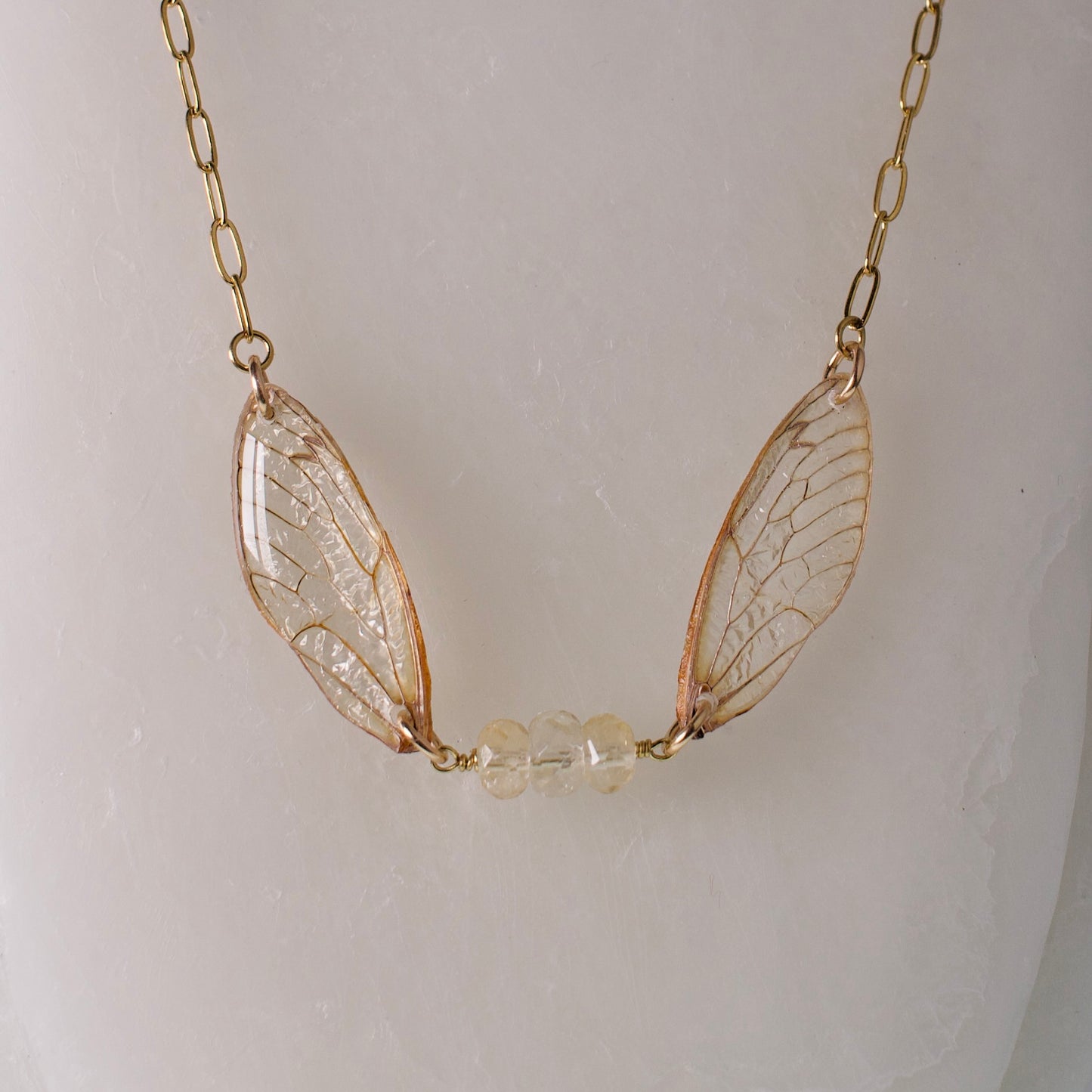 real cicada wing necklace gold 17 year cicadas citrine gold paperclip chain necklace close up