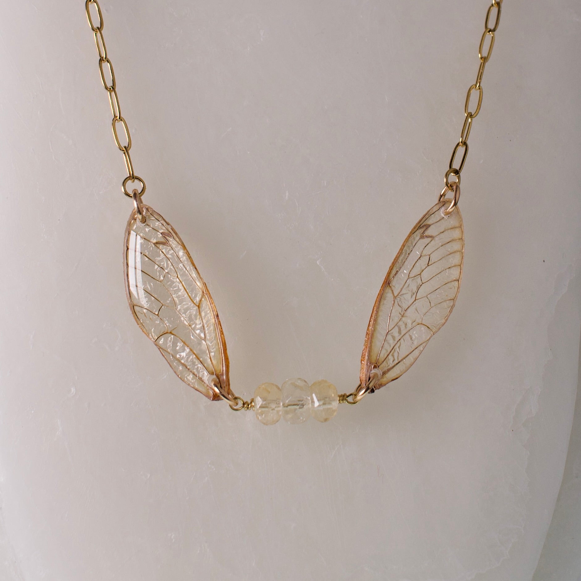 real cicada wing necklace gold 17 year cicadas citrine gold paperclip chain necklace close up