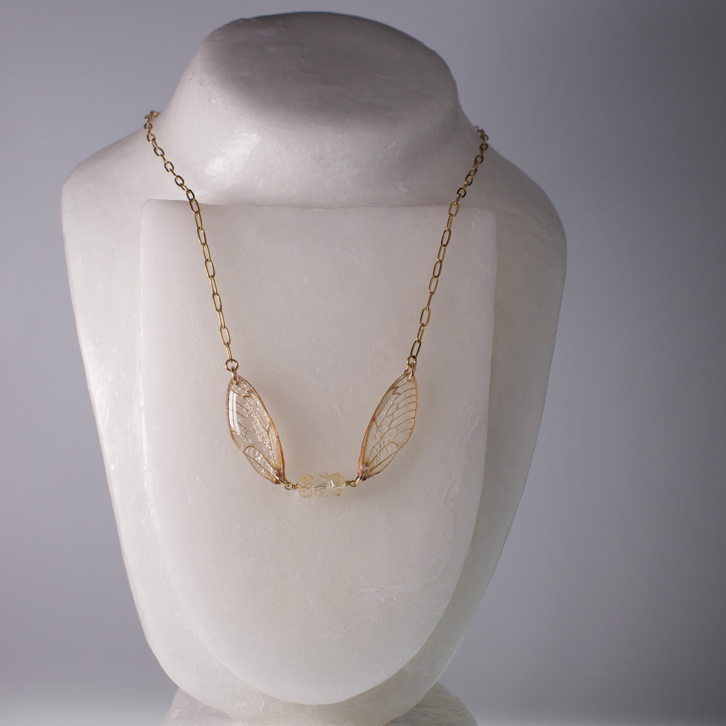 real cicada wing necklace gold 17 year cicadas faceted citrine gold paperclip chain on wax form