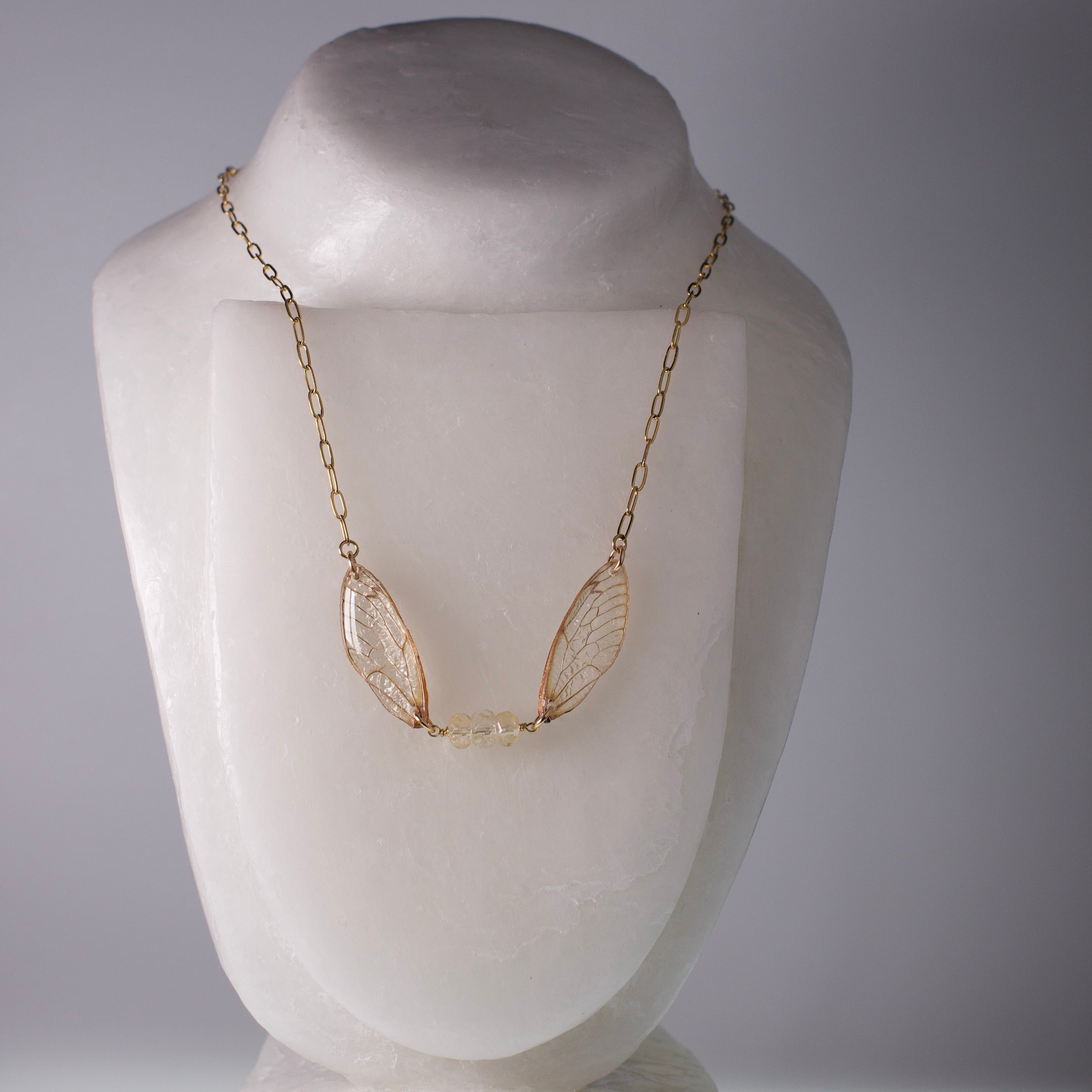 real cicada wing necklace gold 17 year cicadas faceted citrine gold paperclip chain on wax form