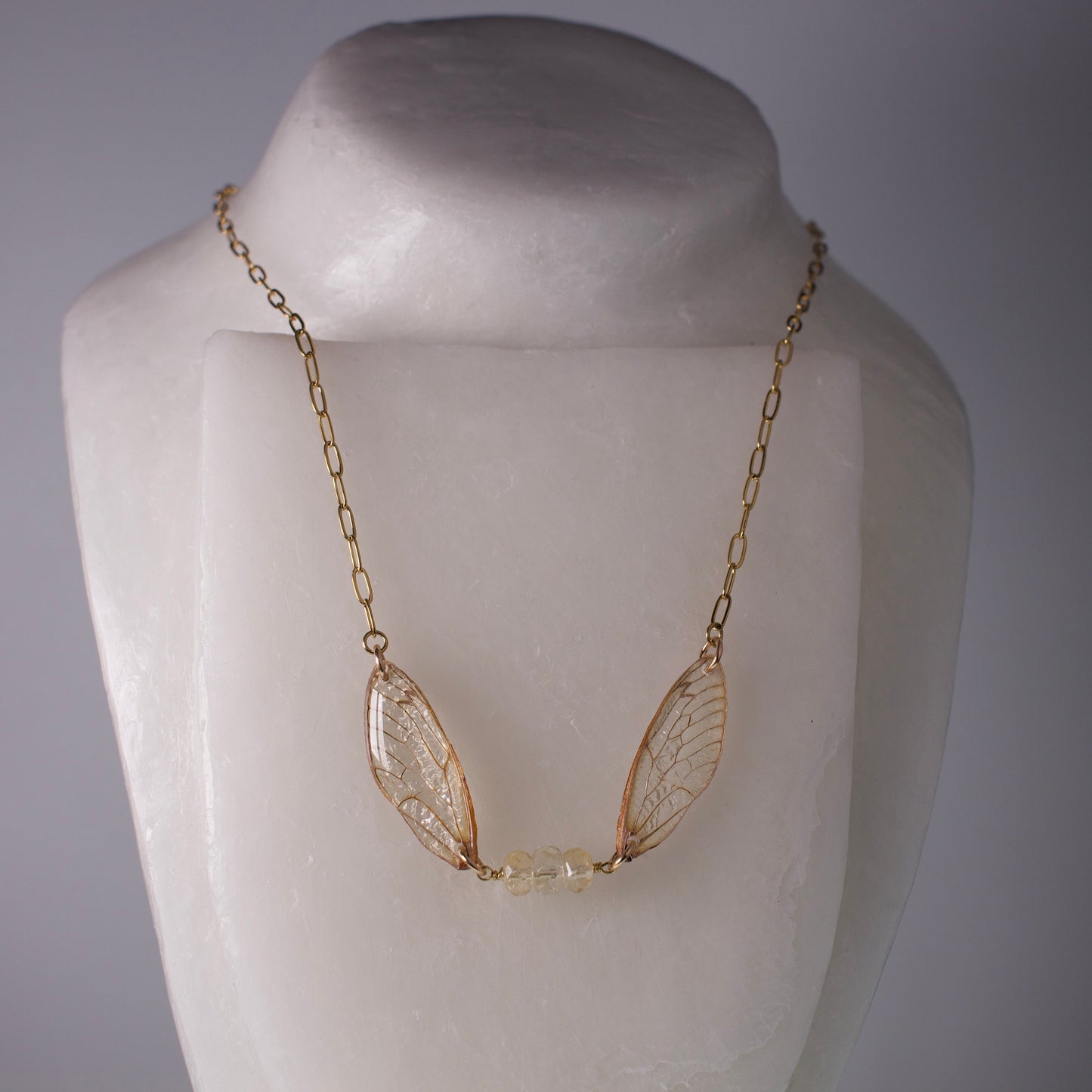 real cicada wing necklace gold 17 year cicadas faceted citrine gold paperclip chain necklace on neck form