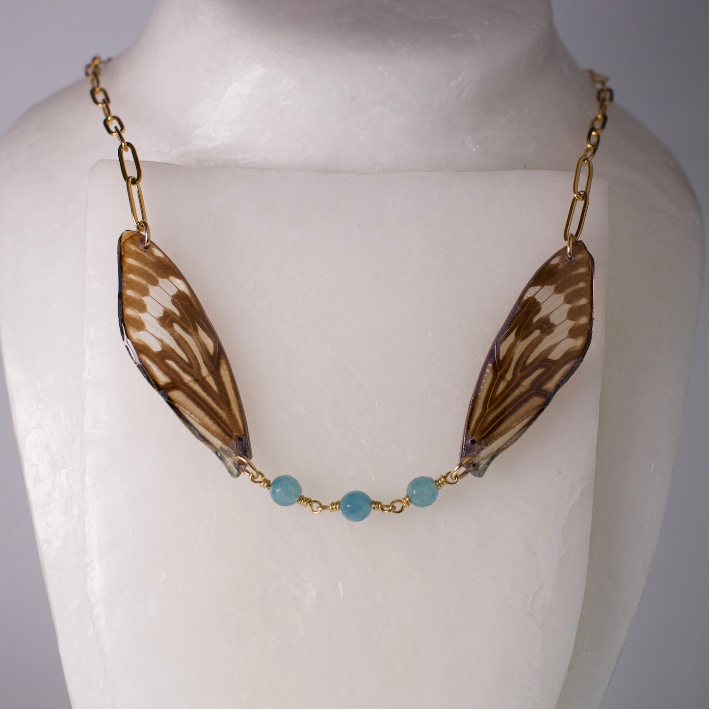 real cicada wing necklace gold paperclip chain blue apatite beads on wax form