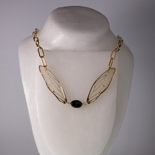 real cicada wing necklace gold paperclip chain giant cicadas gold sheen obsidian on mannequin