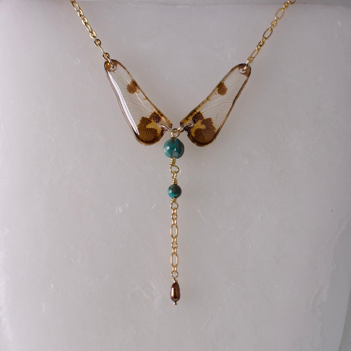 real dragonfly necklace calico pennant dragonflies turquoise pearl gold on wax background