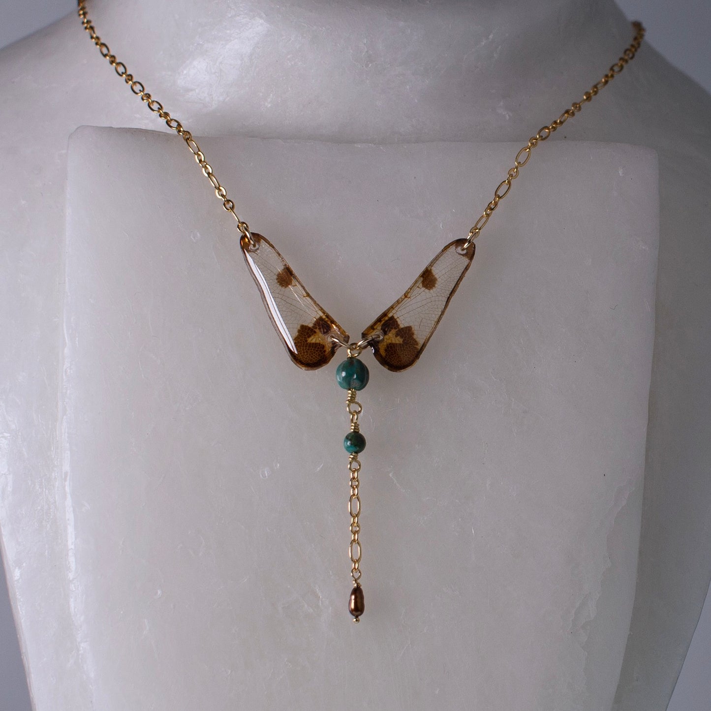 real dragonfly necklace calico pennant dragonflies turquoise pearl gold chain on mannequin