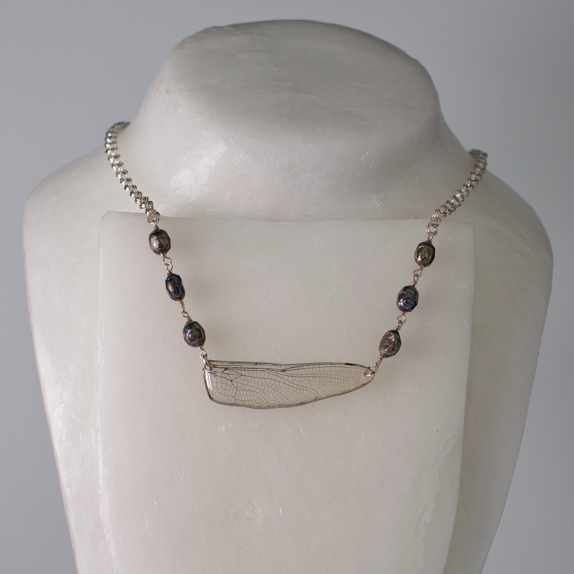 real dragonfly necklace faceted grey pearl silver on wax form