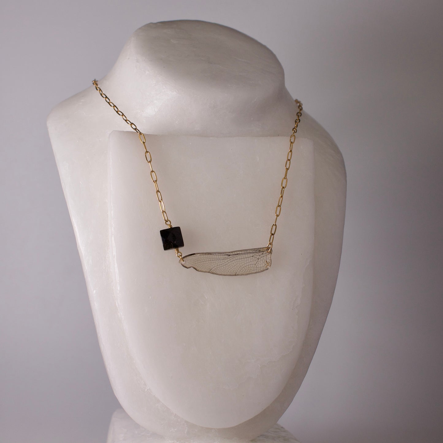 real dragonfly pendant wing of green darner dragonflies gold sheen obsidian gold necklace on form