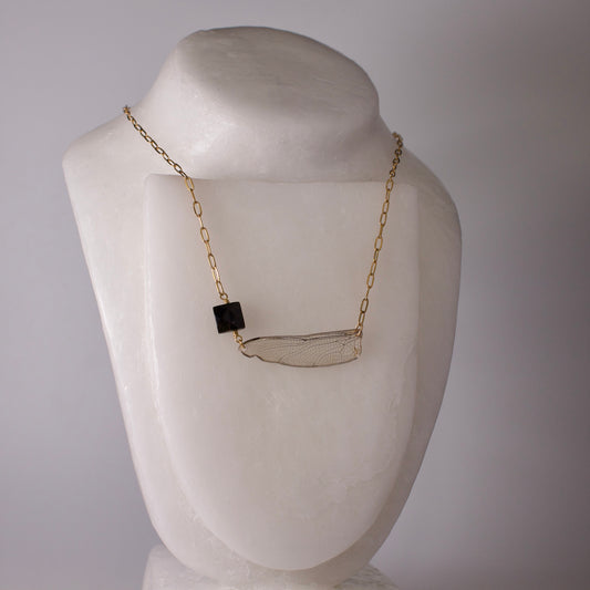 real dragonfly pendant wing of green darner dragonflies gold sheen obsidian gold necklace on form