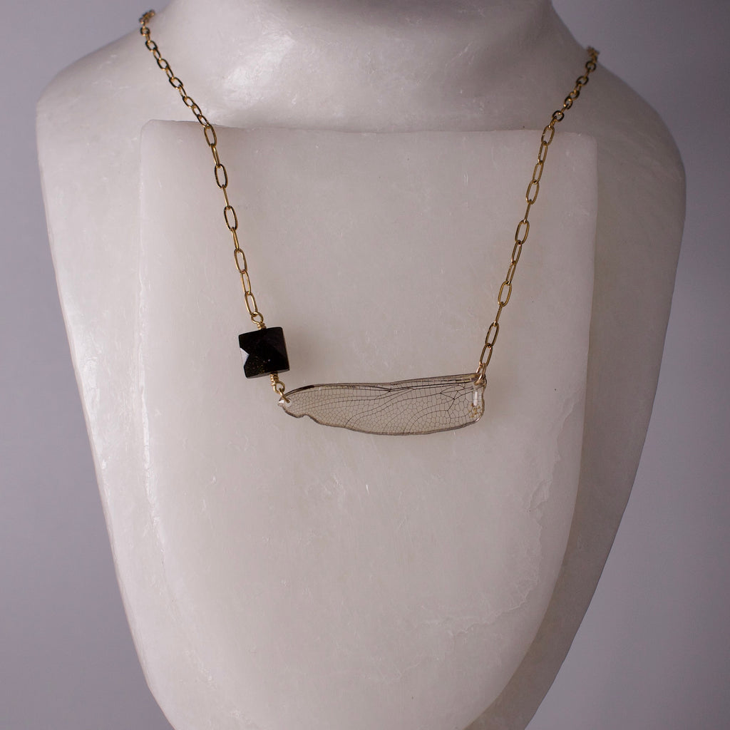 real dragonfly pendant wing of green darner dragonflies gold sheen obsidian gold paperclip chain necklace on wax form