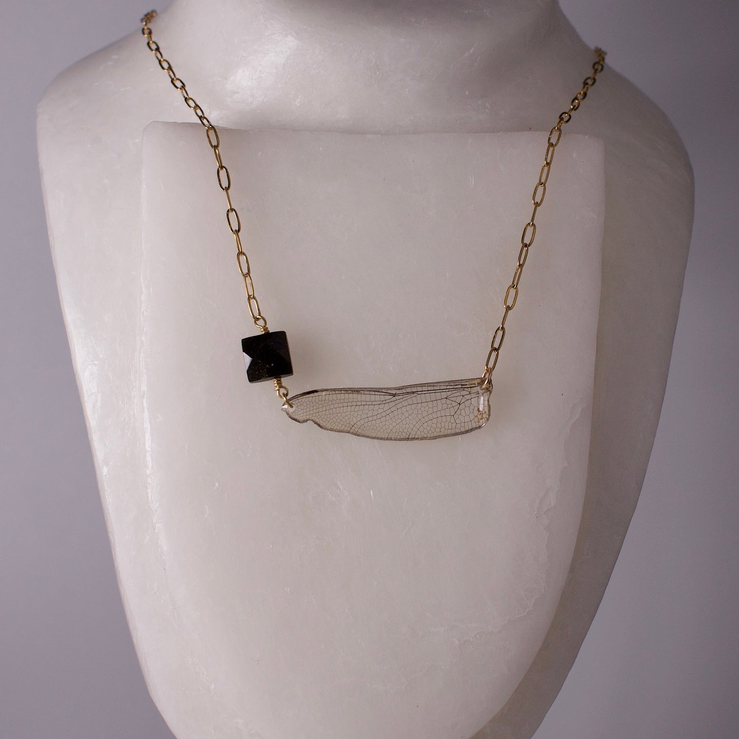 real dragonfly pendant wing of green darner dragonflies gold sheen obsidian gold paperclip chain necklace on wax form