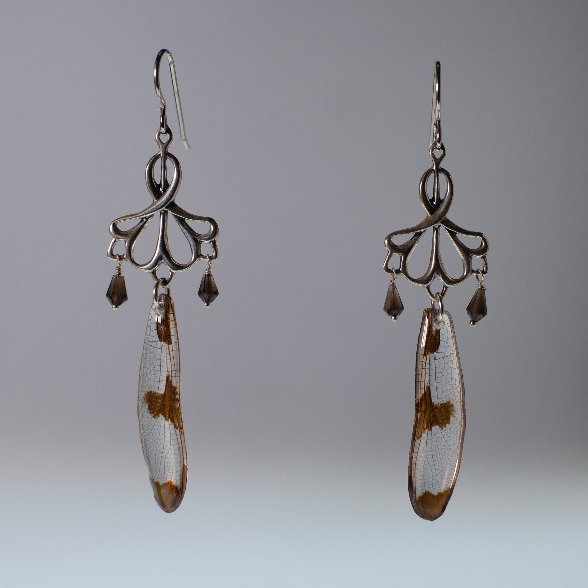 real dragonfly wing earrings twelve spotted skimmer dragonflies smokey quartz sterling silver French wire earring