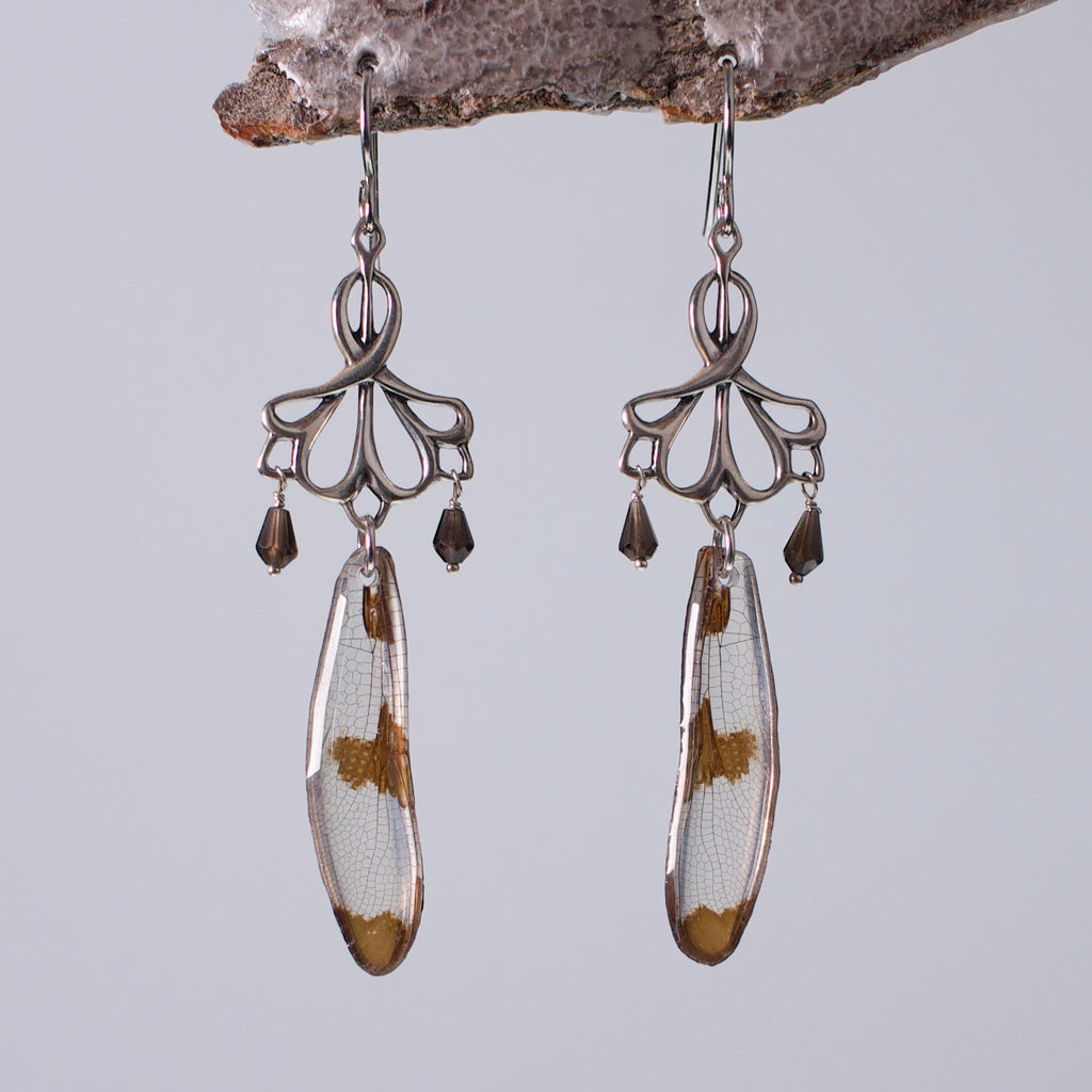 real dragonfly wing earrings twelve spotted skimmer dragonflies sterling silver earring on wood stand