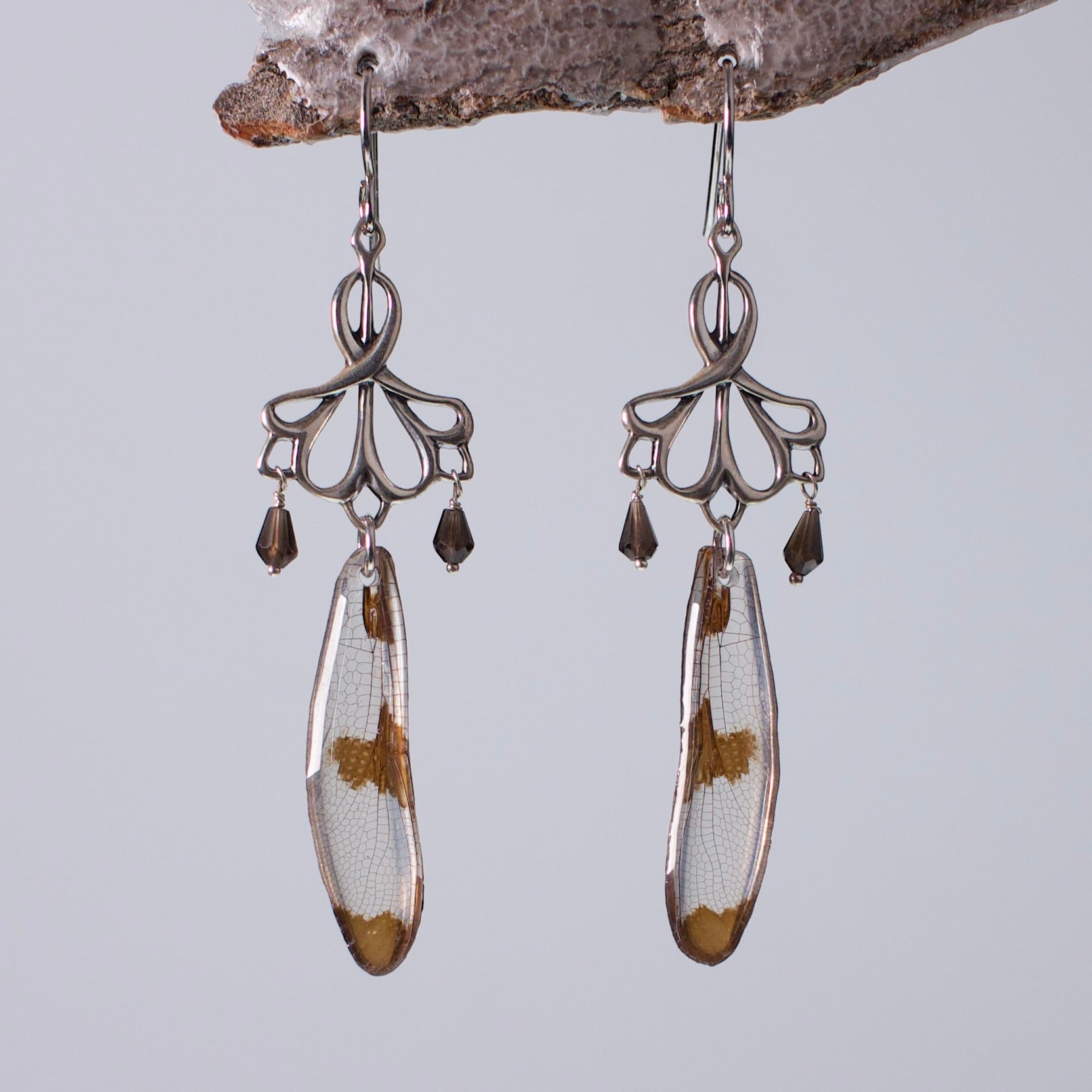 real dragonfly wing earrings twelve spotted skimmer dragonflies sterling silver earring on wood stand
