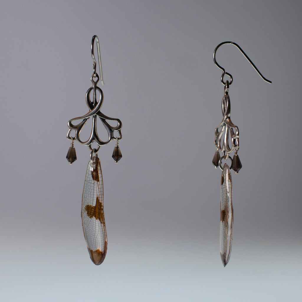 real dragonfly wing earrings twelve spotted skimmer dragonflies sterling silver earring side view