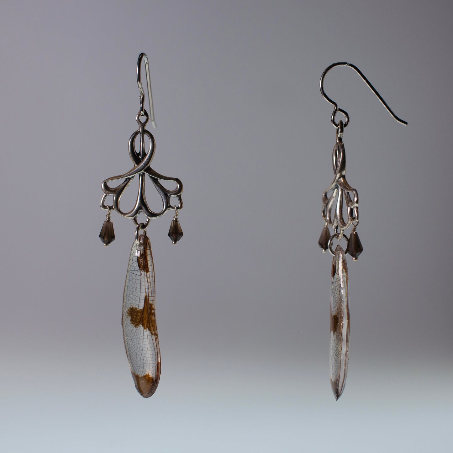 real dragonfly wing earrings twelve spotted skimmer dragonflies sterling silver earring side view