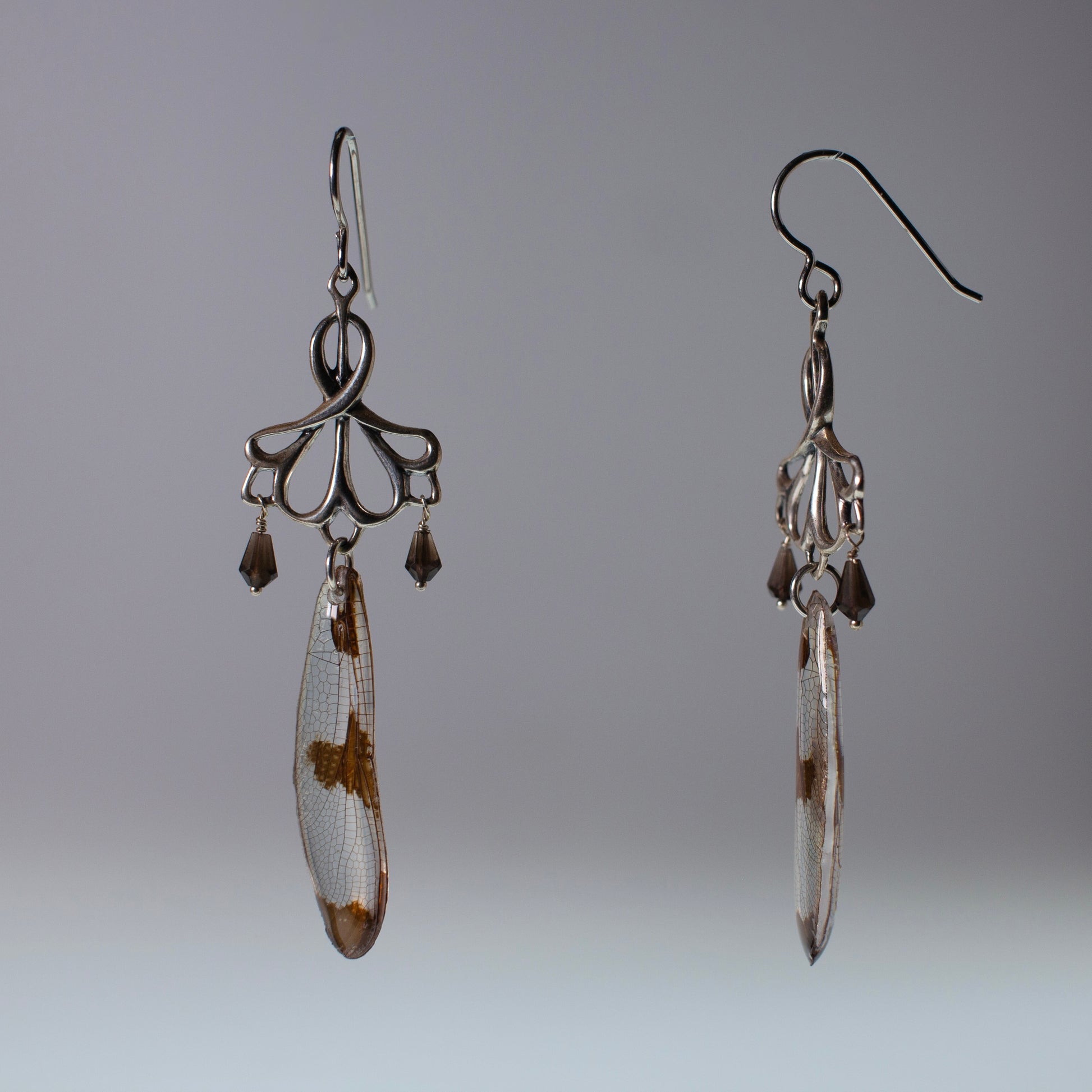 real dragonfly wing earrings twelve spotted skimmer dragonflies sterling silver earring side view