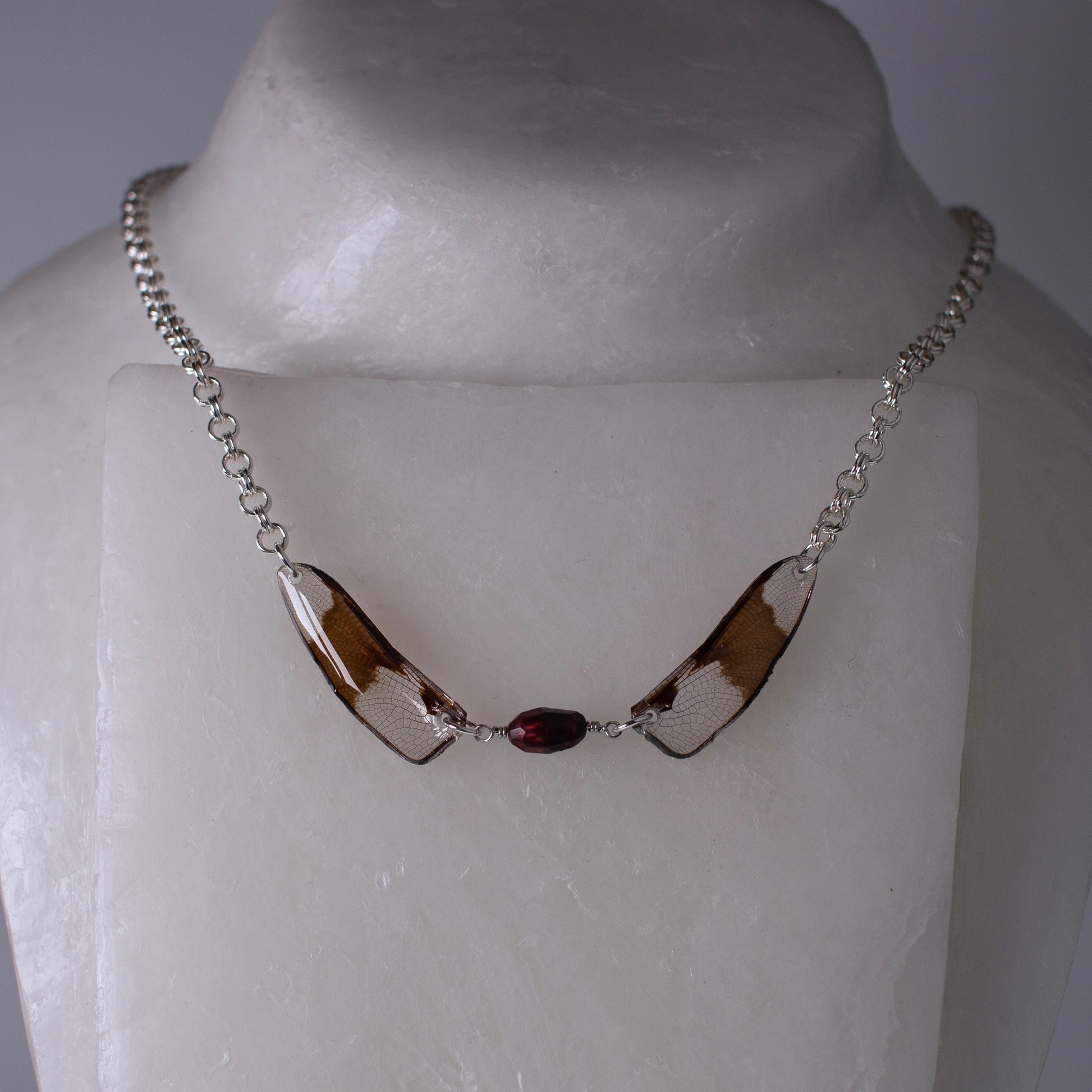 real Eight Spotted Skimmer Dragonfly wing necklace pearl silver neck form