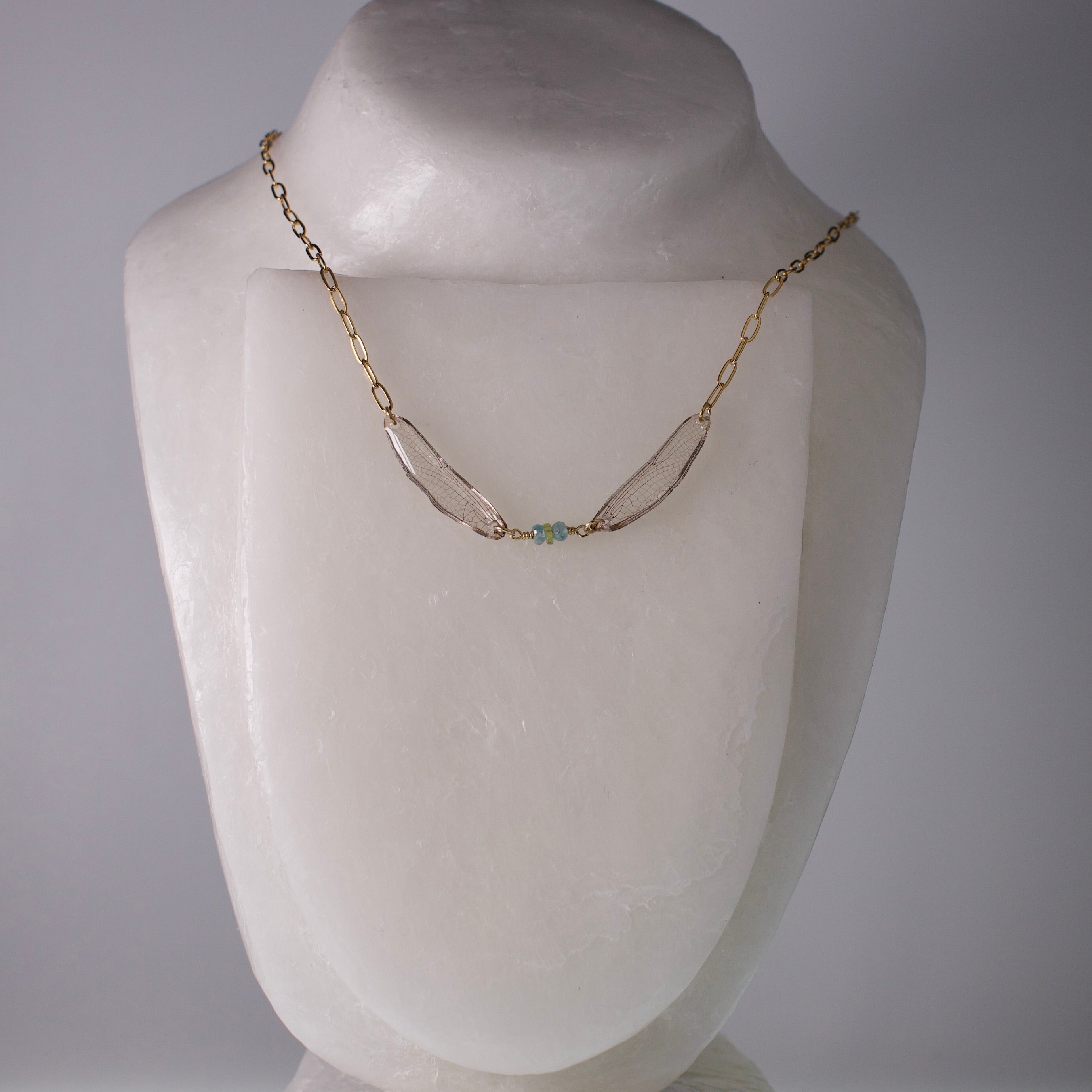 real dragonfly wing necklace blue green gold paperclip chain on wax form
