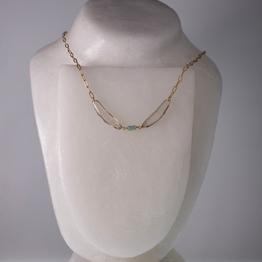 real dragonfly wing necklace blue green gold paperclip chain on wax form