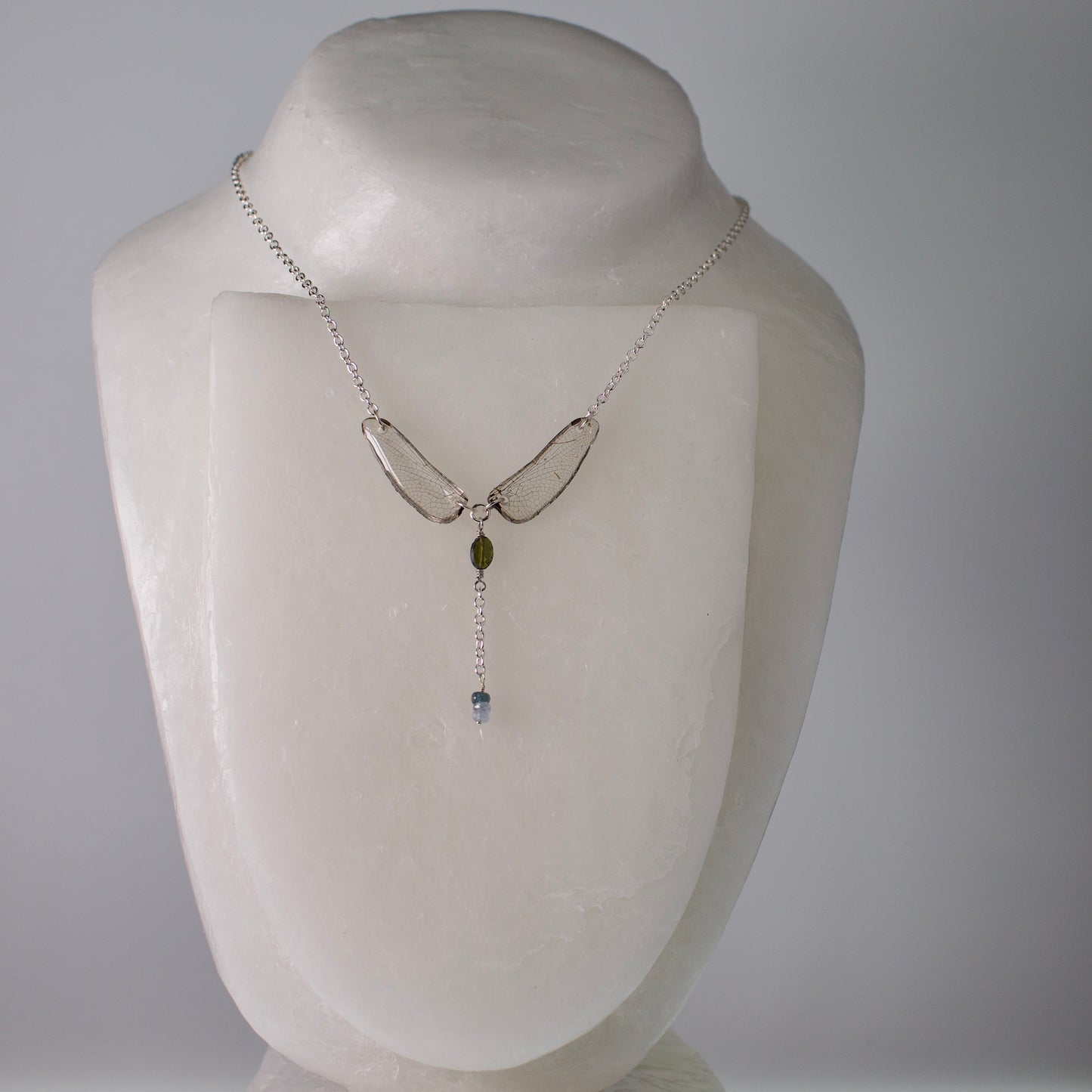 real dragonfly wing necklace dot tailed dragonflies tourmaline sapphire silver chain on wax form