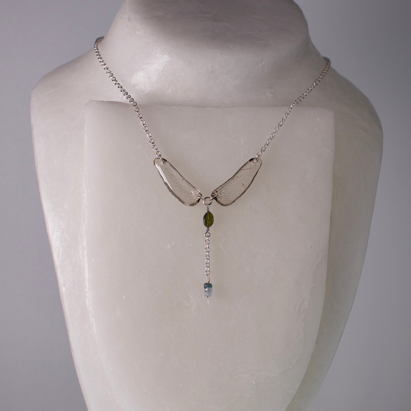 real dragonfly wing necklace dot tailed white face dragonflies tourmaline sapphire silver on wax form