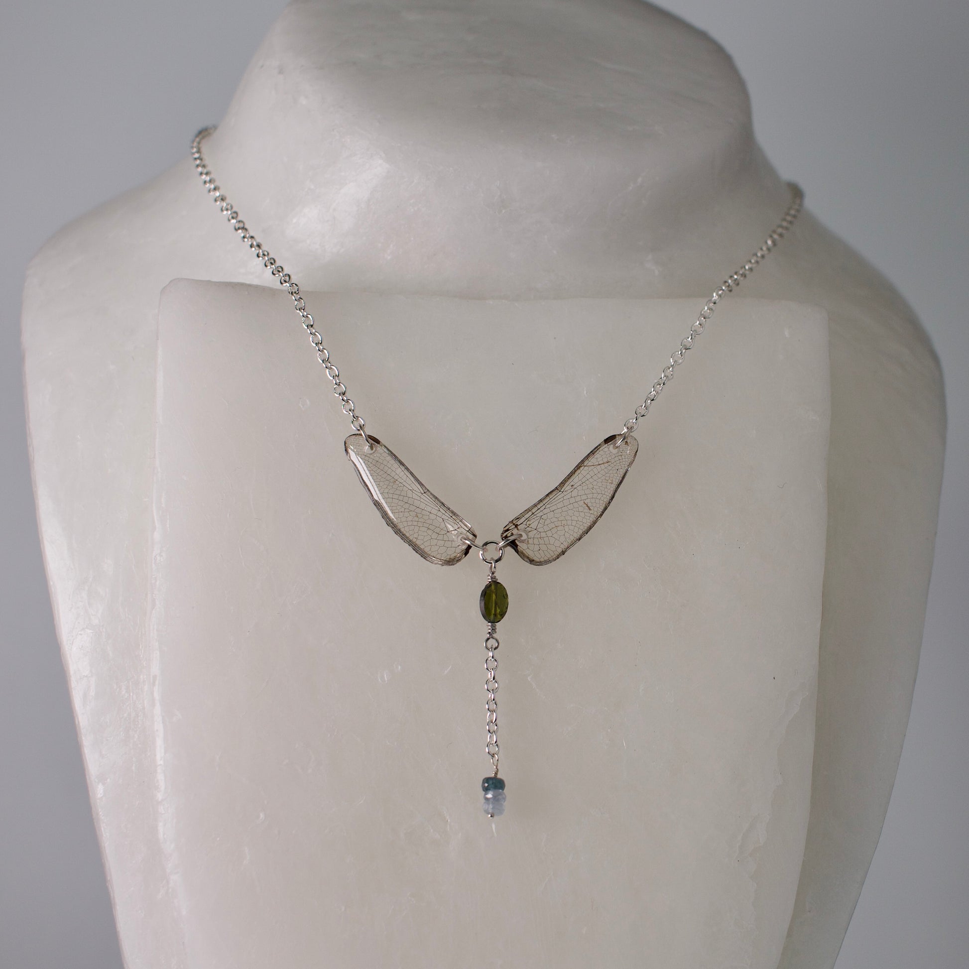 real dragonfly wing necklace dot tailed white face dragonflies tourmaline sapphire silver chain on wax form