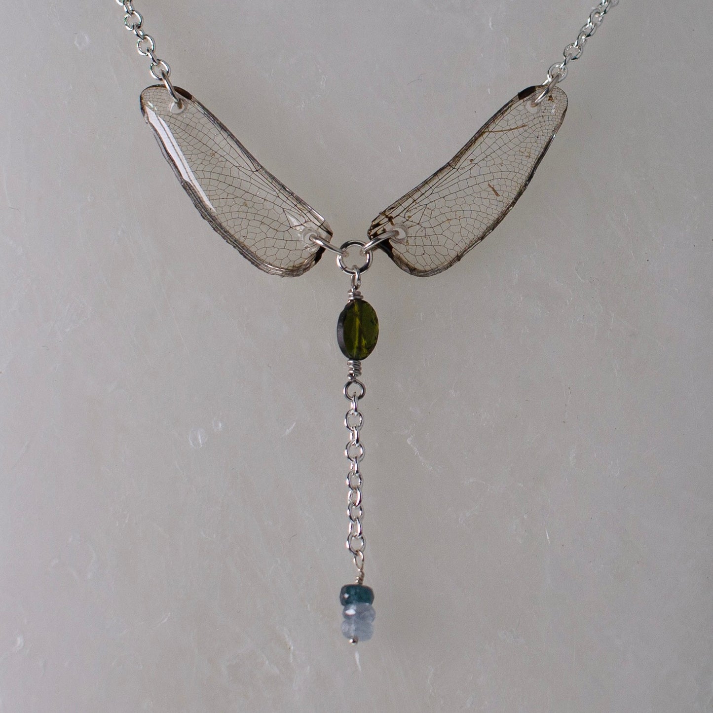 real dragonfly wing necklace dot tailed white face dragonflies tourmaline sapphire silver chain necklaces close up