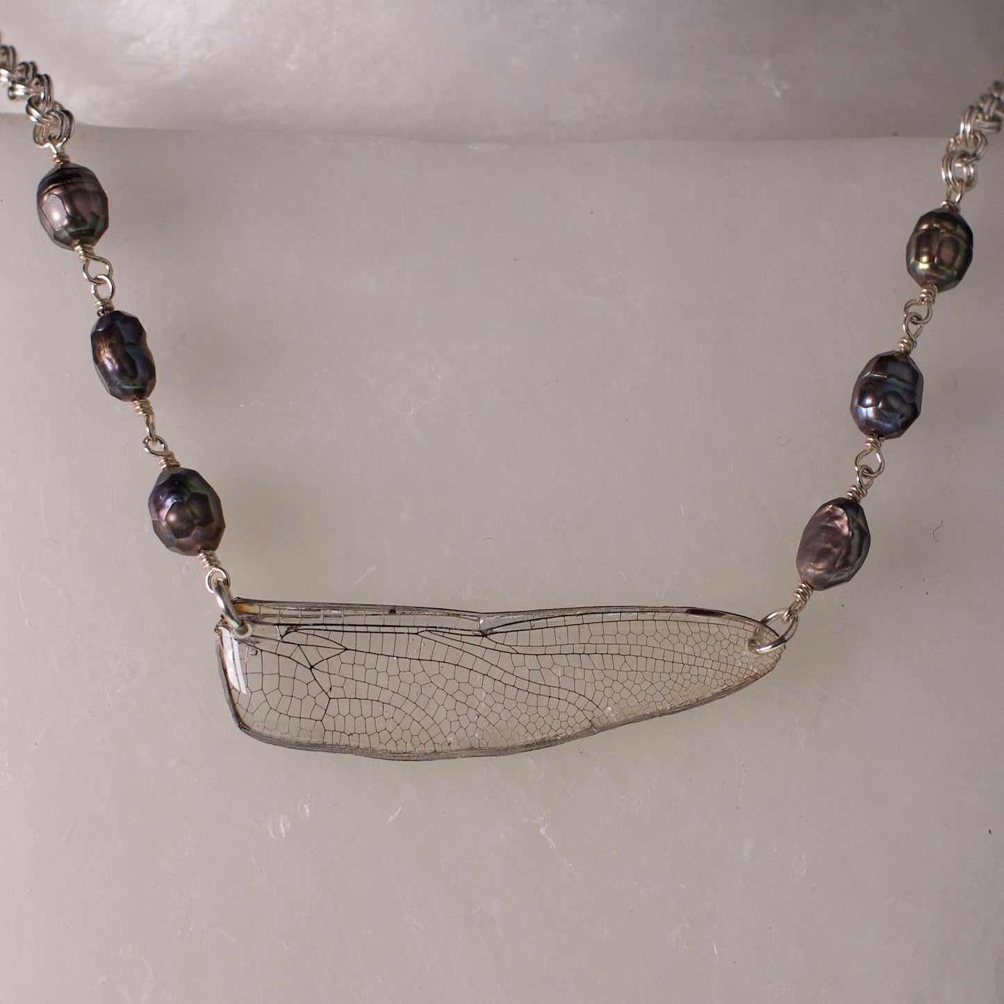 real dragonfly wing necklace iridescent grey pearls silver chain on neck form