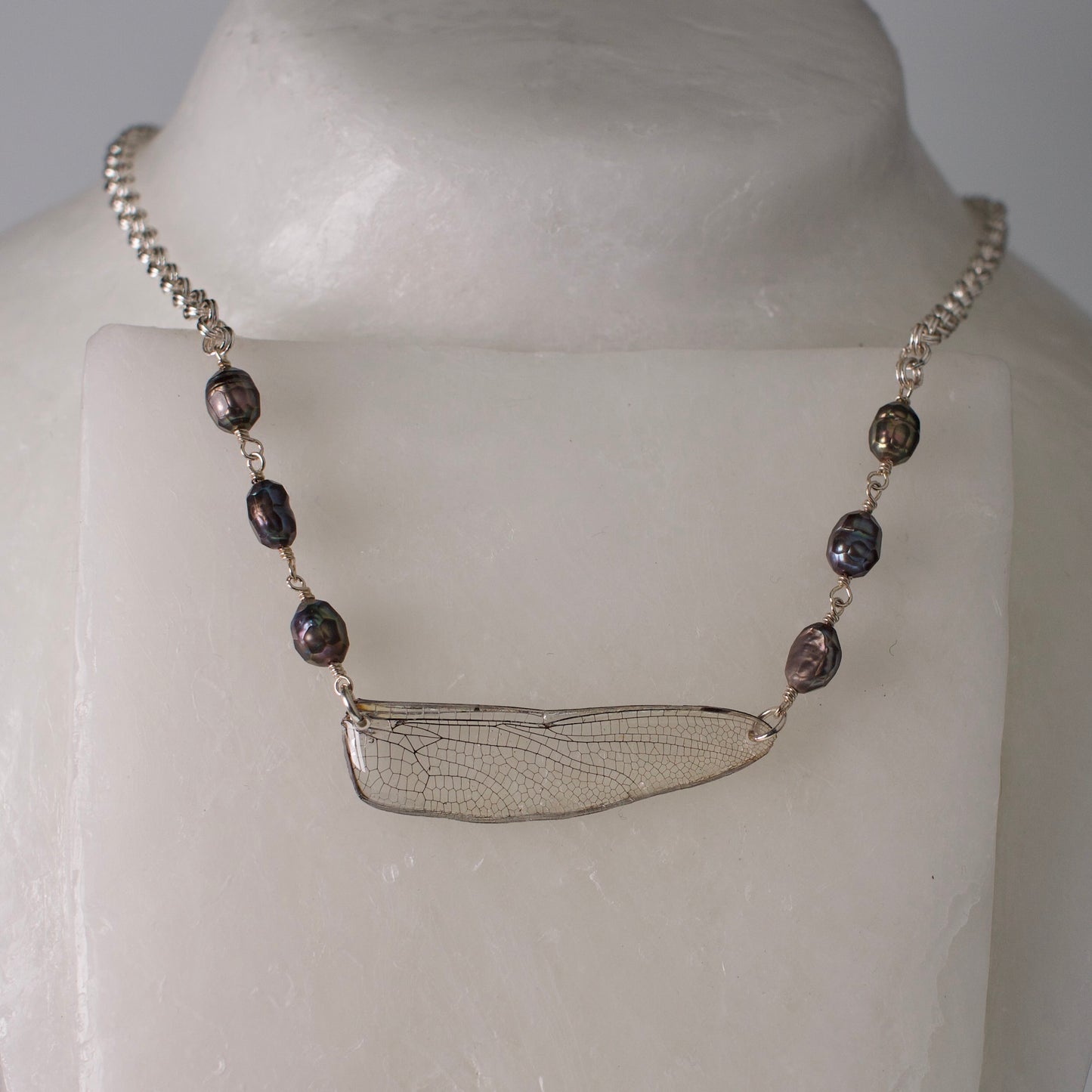 real dragonfly wing necklace faceted grey pearl silver metalwork on neck form