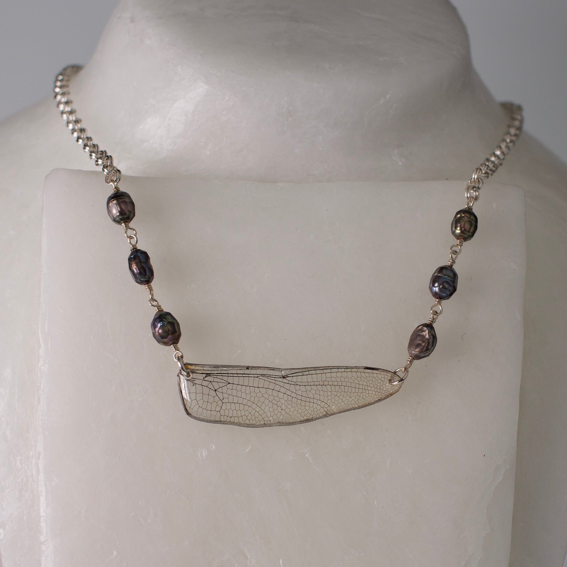 real dragonfly wing necklace faceted grey pearl silver metalwork on neck form
