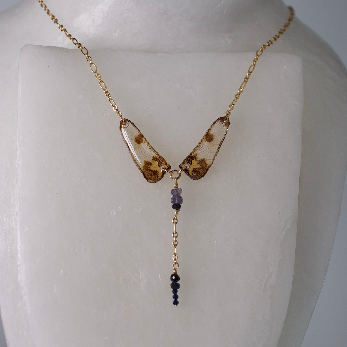 real dragonfly wing necklace iolite onyx gold chain on wax from