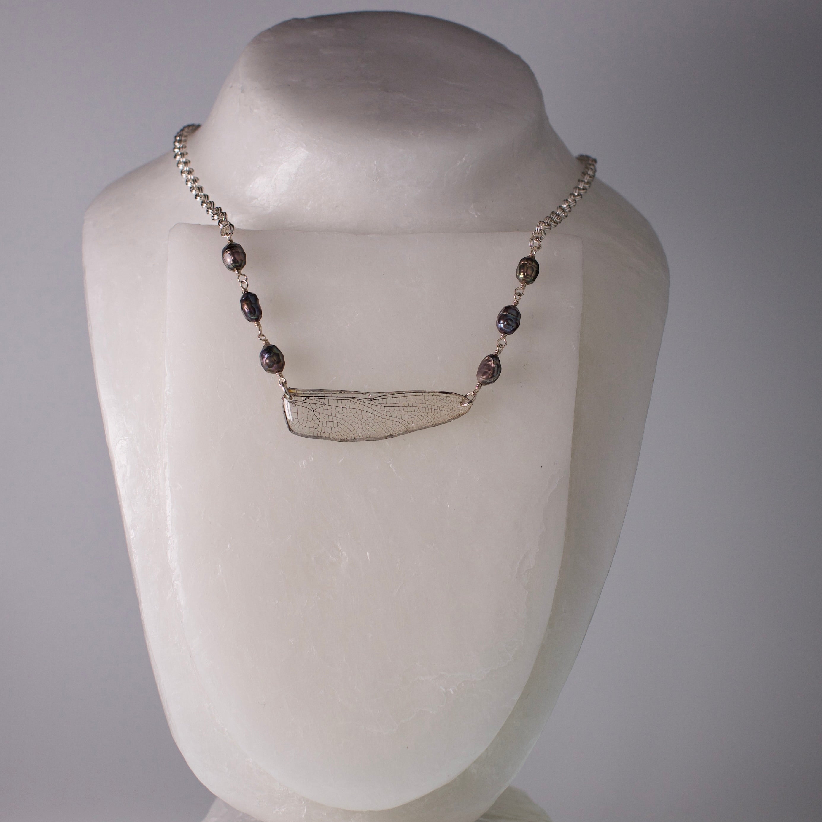 real dragonfly wing necklace iridescent pearls silver chain on wax from grey background