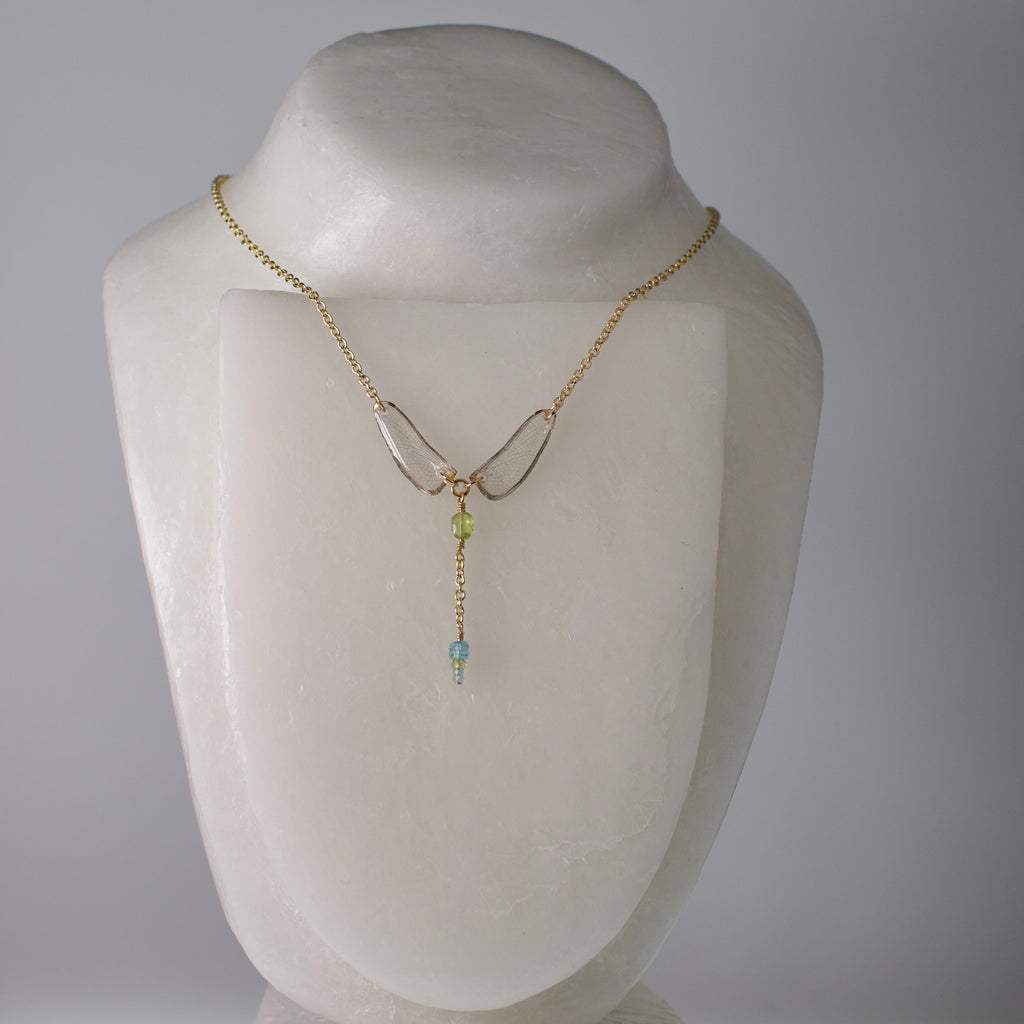 real dragonfly wing necklace jade club tail dragonflies peridot sapphire blue topaz gold on mannequin