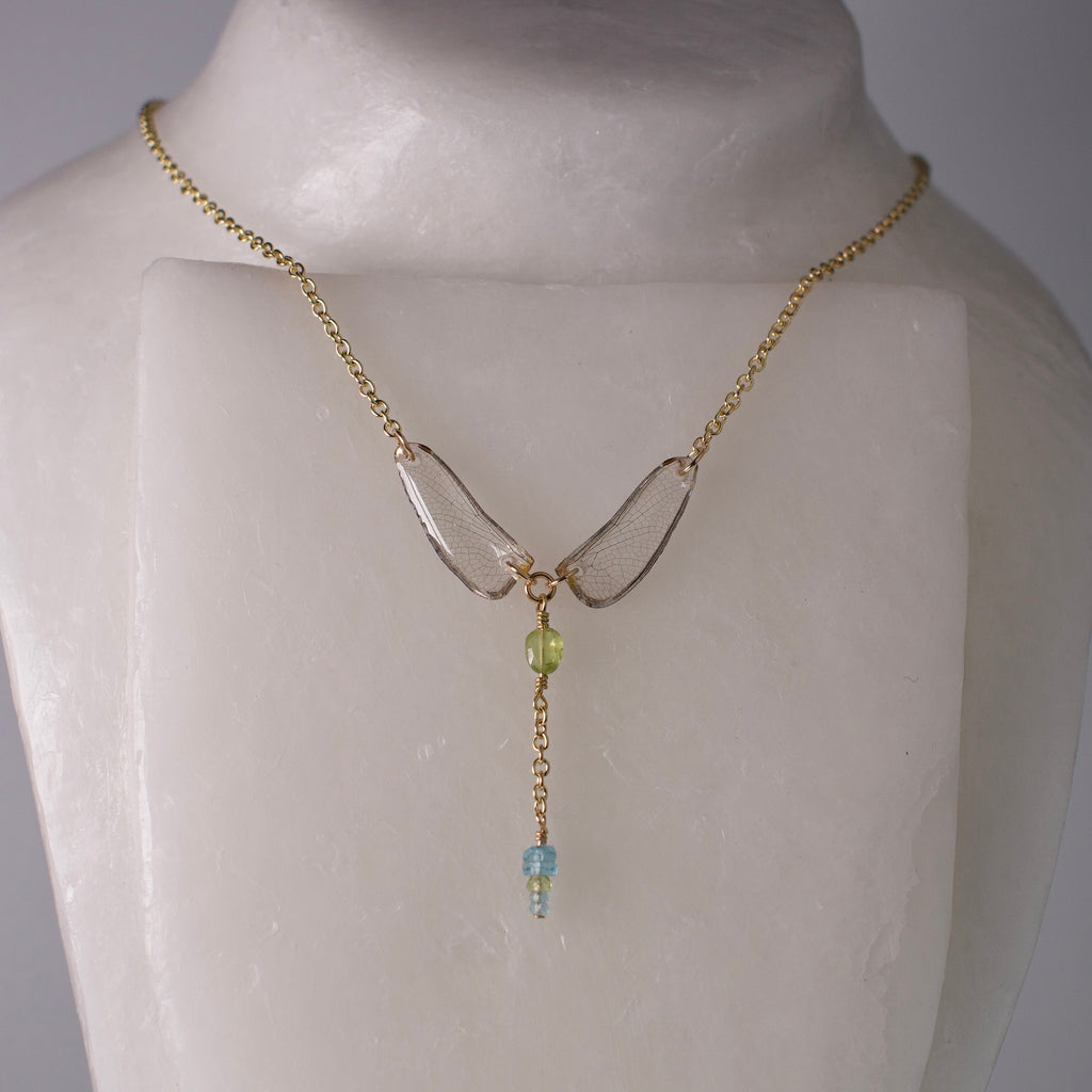 real dragonfly wing necklace jade club tail dragonflies peridot sapphire blue topaz gold chain on mannequin